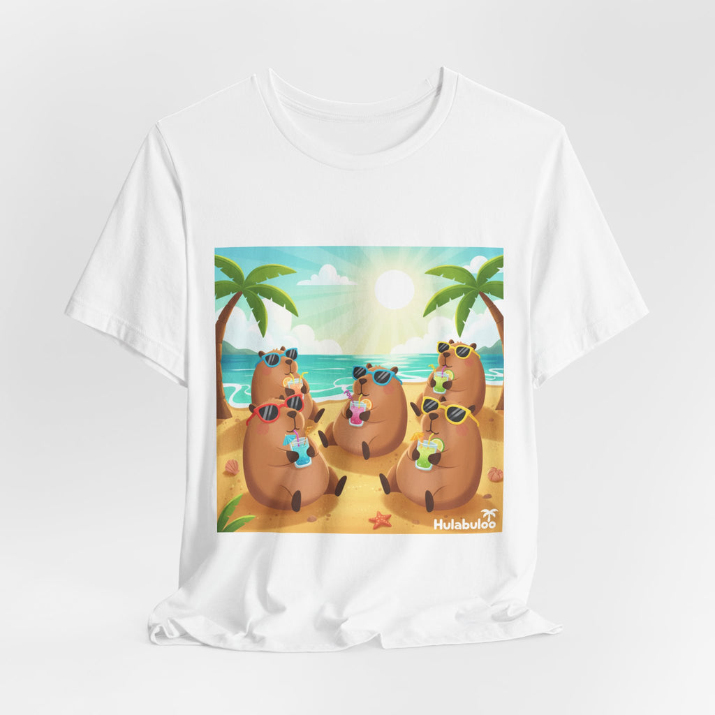 Capybara at the Beach Crew T‑Shirt — Cute Capybaras Sipping Cocktails Summer Tee
