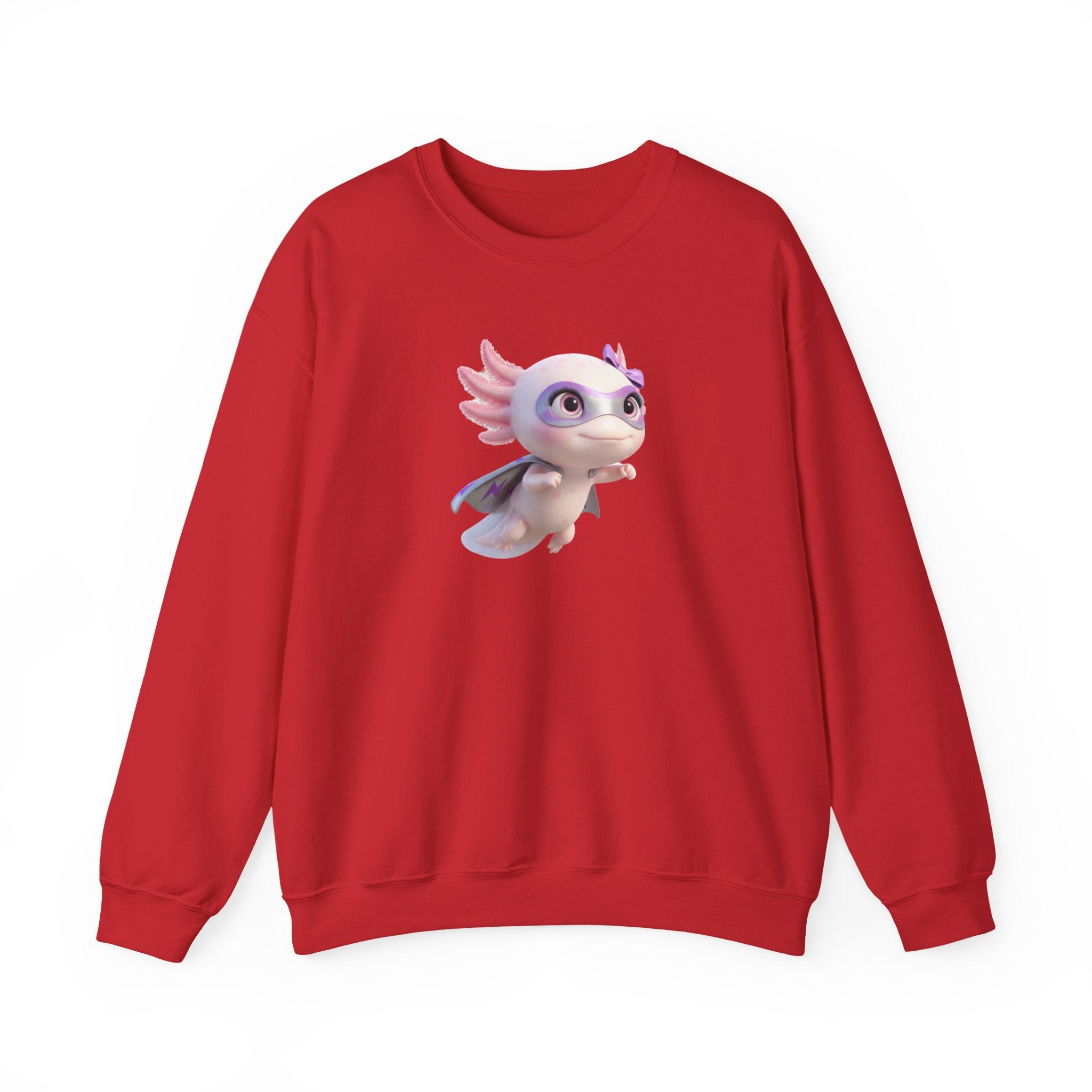 Axolotl Superhero Girl Flying Crewneck Sweatshirt — Cute Pastel Axolotl Design