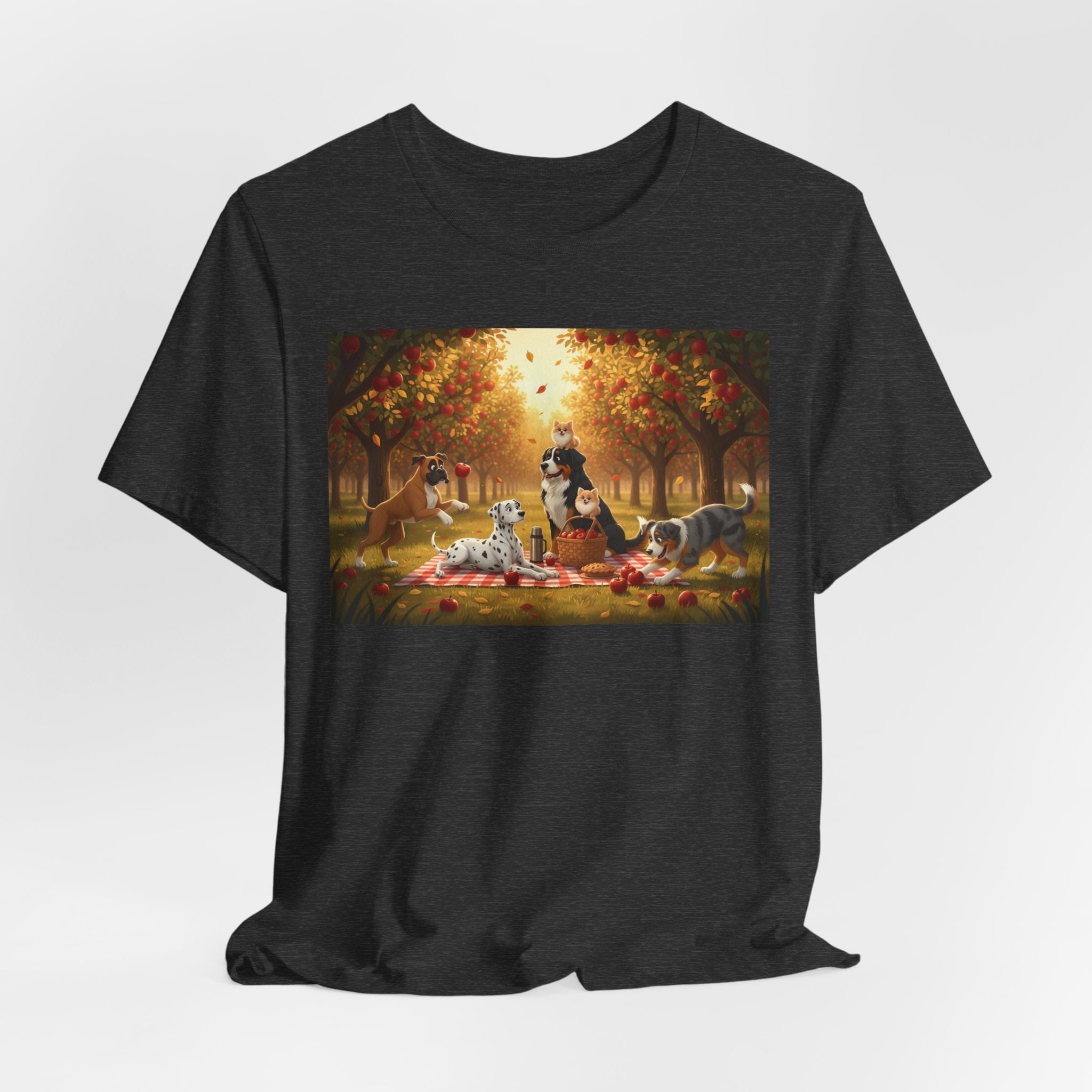 Dogs Autumn Picnic T‑Shirt — Cozy Fall Forest Canine Scene