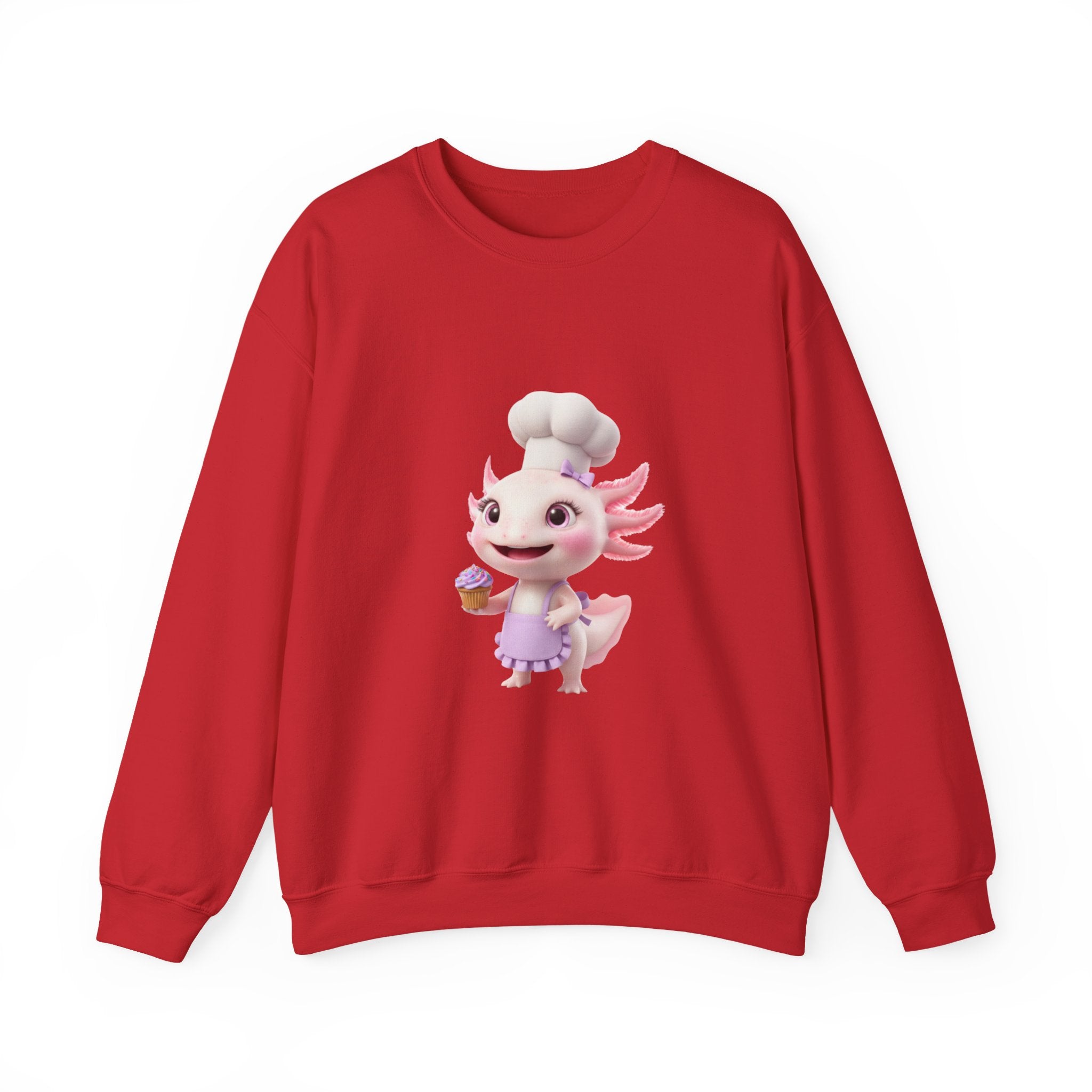 Axolotl Chef Girl Crewneck Sweatshirt — Cute Pink Axolotl Baking Design