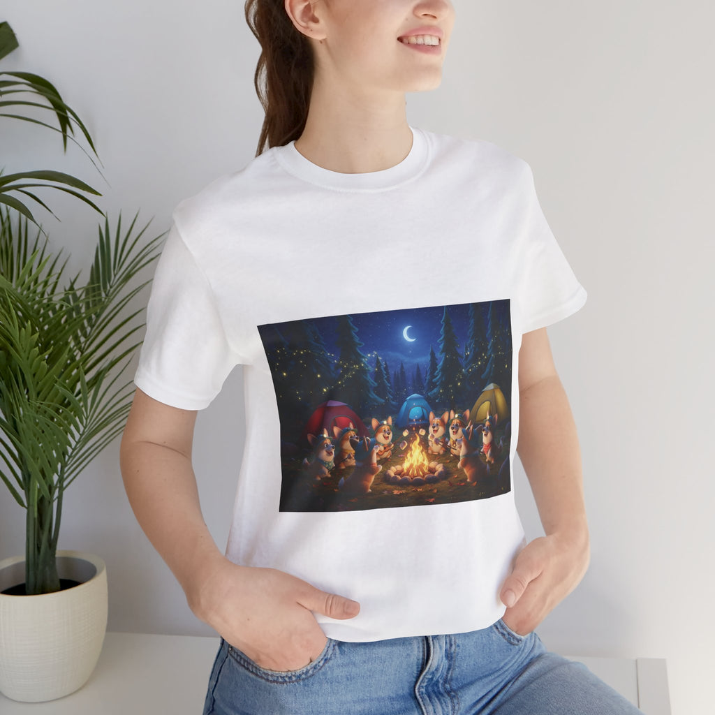 Camping Corgis Graphic Tee — Nighttime Campfire Scene with Tents and Stars