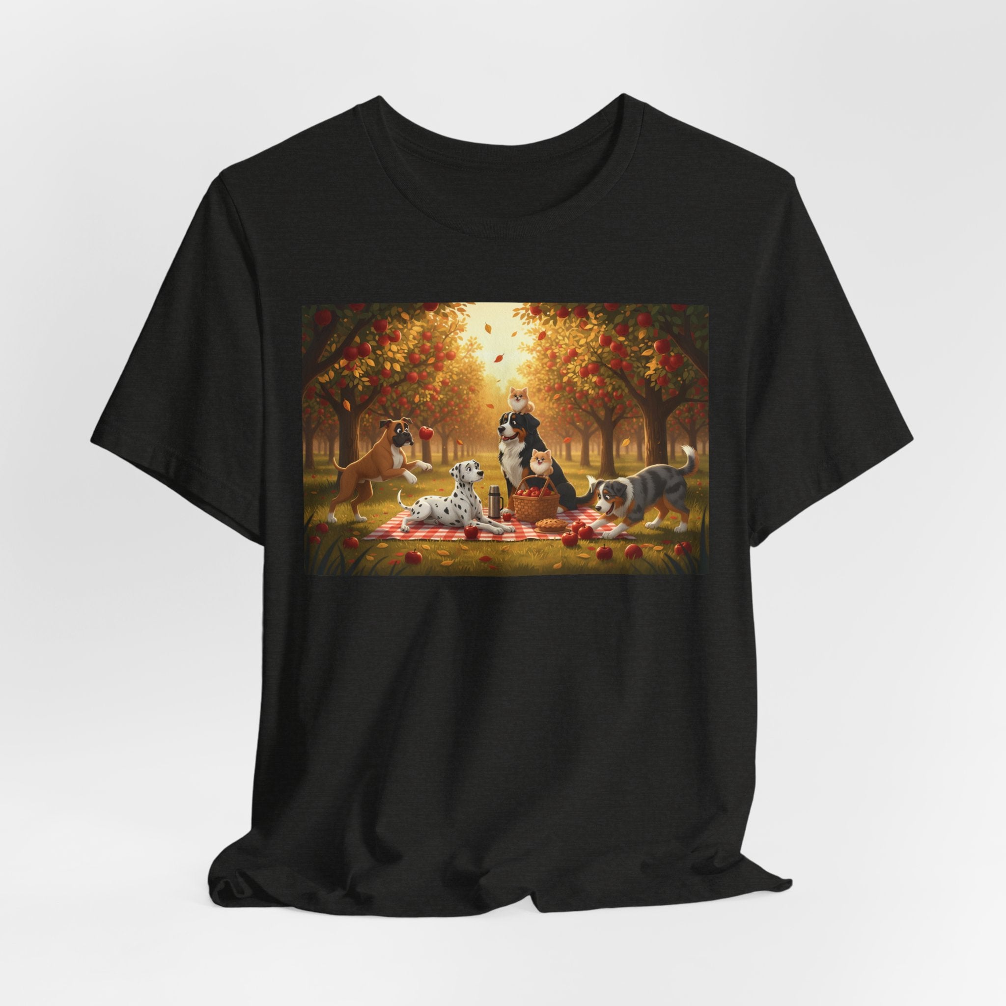 Dogs Autumn Picnic T‑Shirt — Cozy Fall Forest Canine Scene