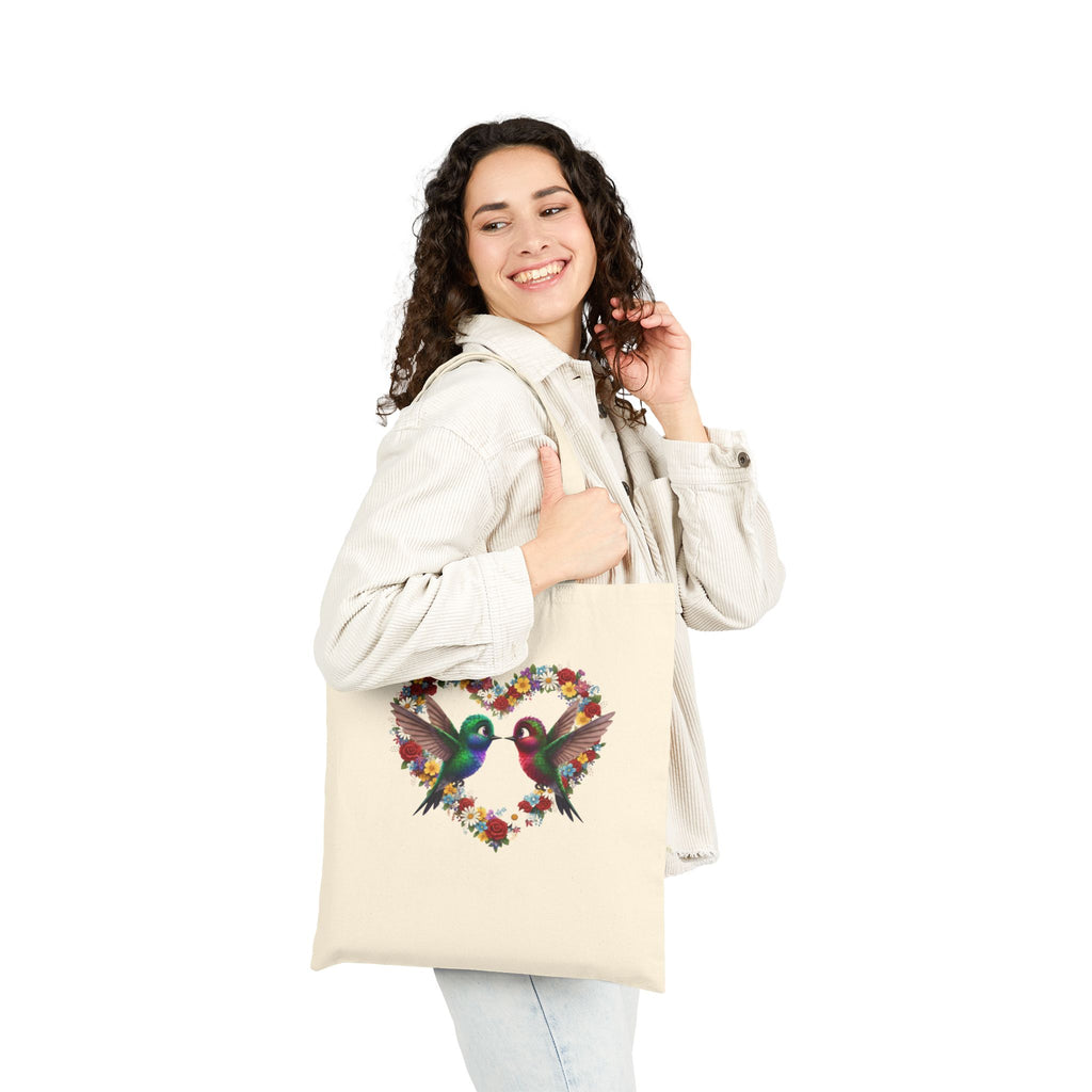 Tote Bag — Floral Hummingbird Heart Canvas Tote (Eco-Friendly Gift for Nature Lovers, Valentine's Day)