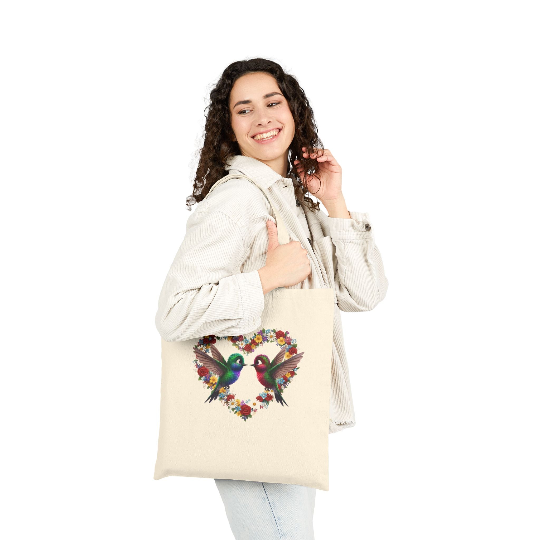 Tote Bag — Floral Hummingbird Heart Canvas Tote (Eco-Friendly Gift for Nature Lovers, Valentine's Day)