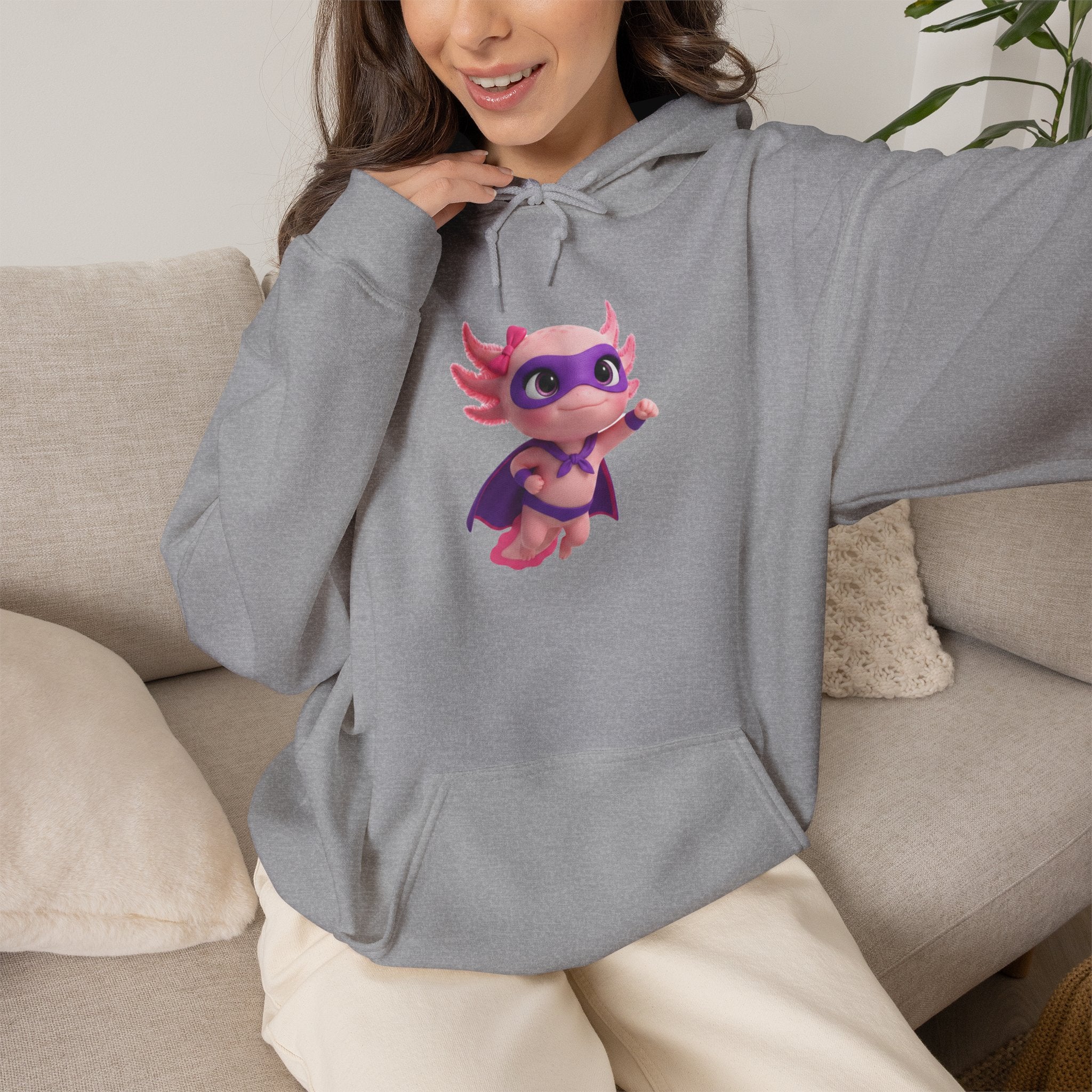 Axolotl Superhero Girl Hoodie — Cute Pink Axolotl with Cape Sweatshirt