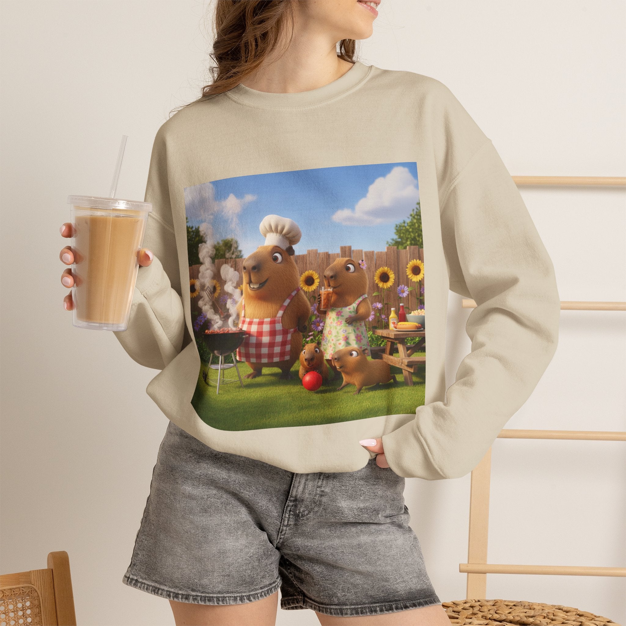 Capybara BBQ Crewneck Sweatshirt — Whimsical Capybara Family Illustration