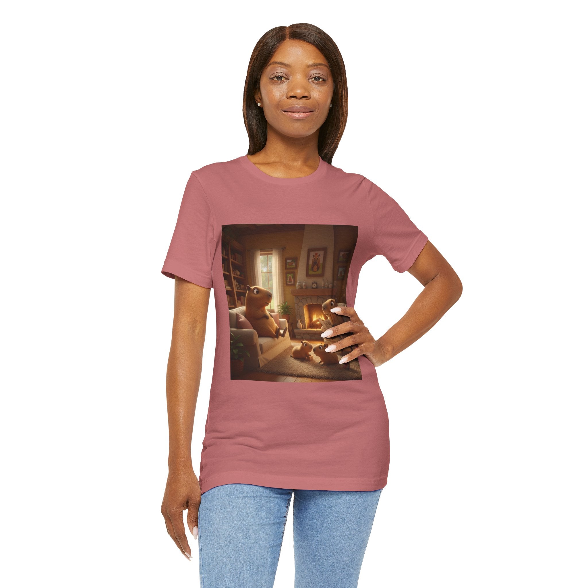 Capybara Family T‑Shirt — Warm Fireplace Family Home Scene Tee