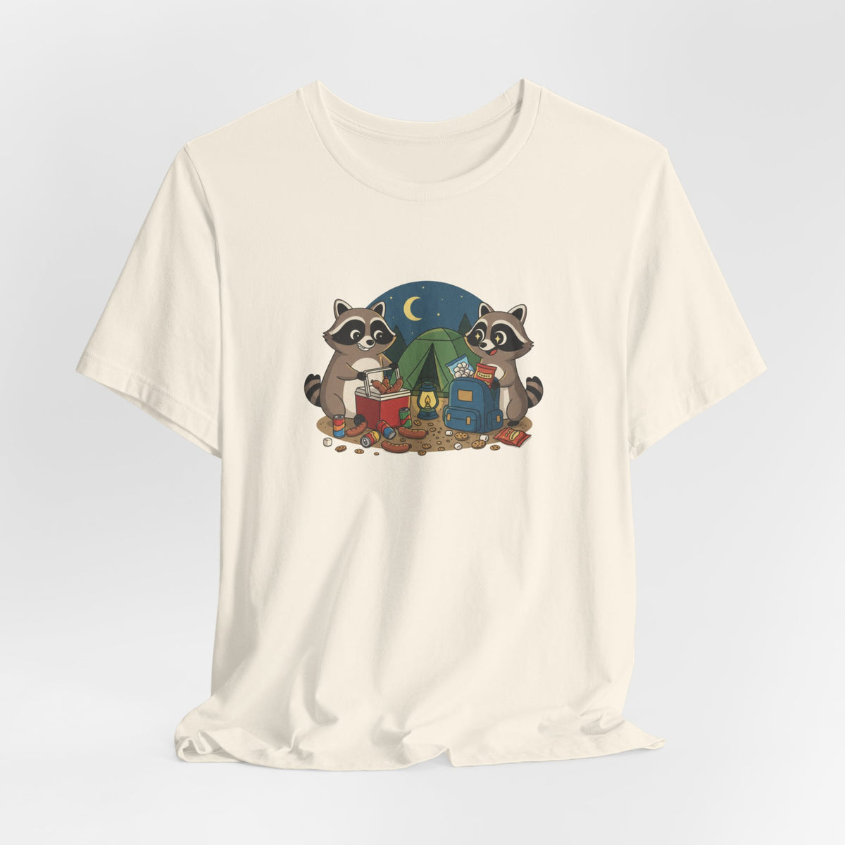 Camping Raccoons Graphic Tee – Cute Nighttime Tent & Marshmallow Illustration