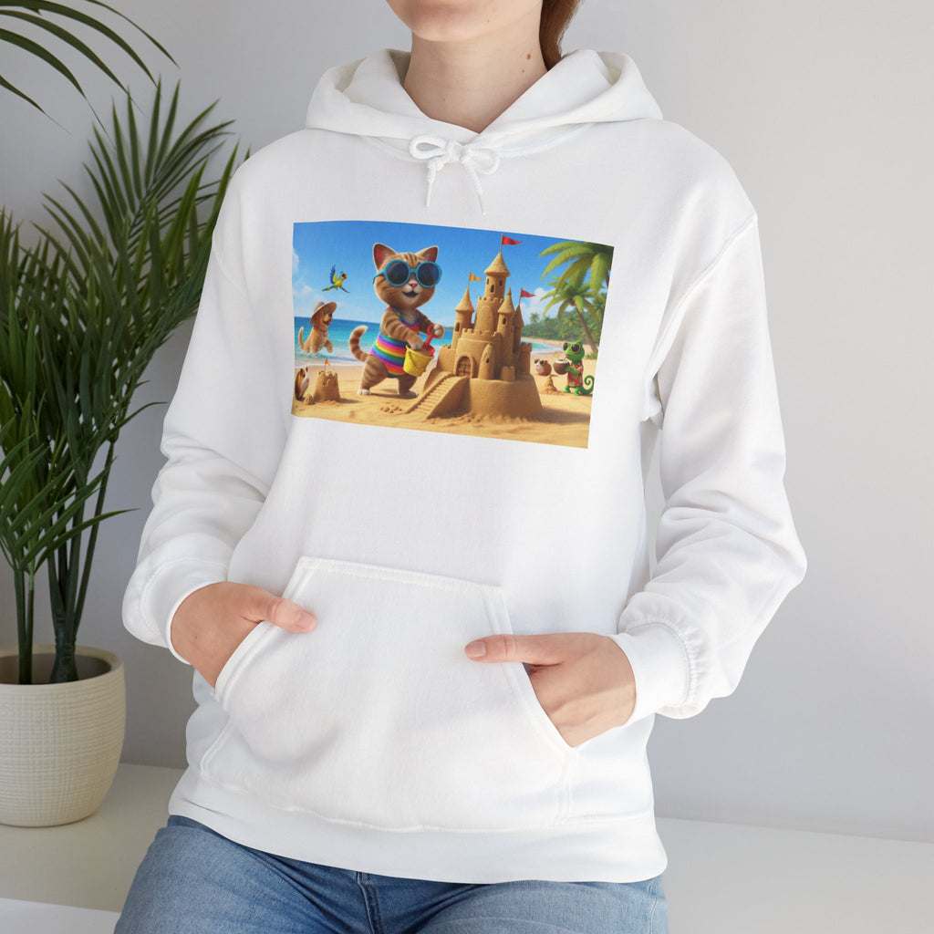 Beach Cat Sandcastle Hoodie — Cute Summer Cat Graphic Sweatshirt