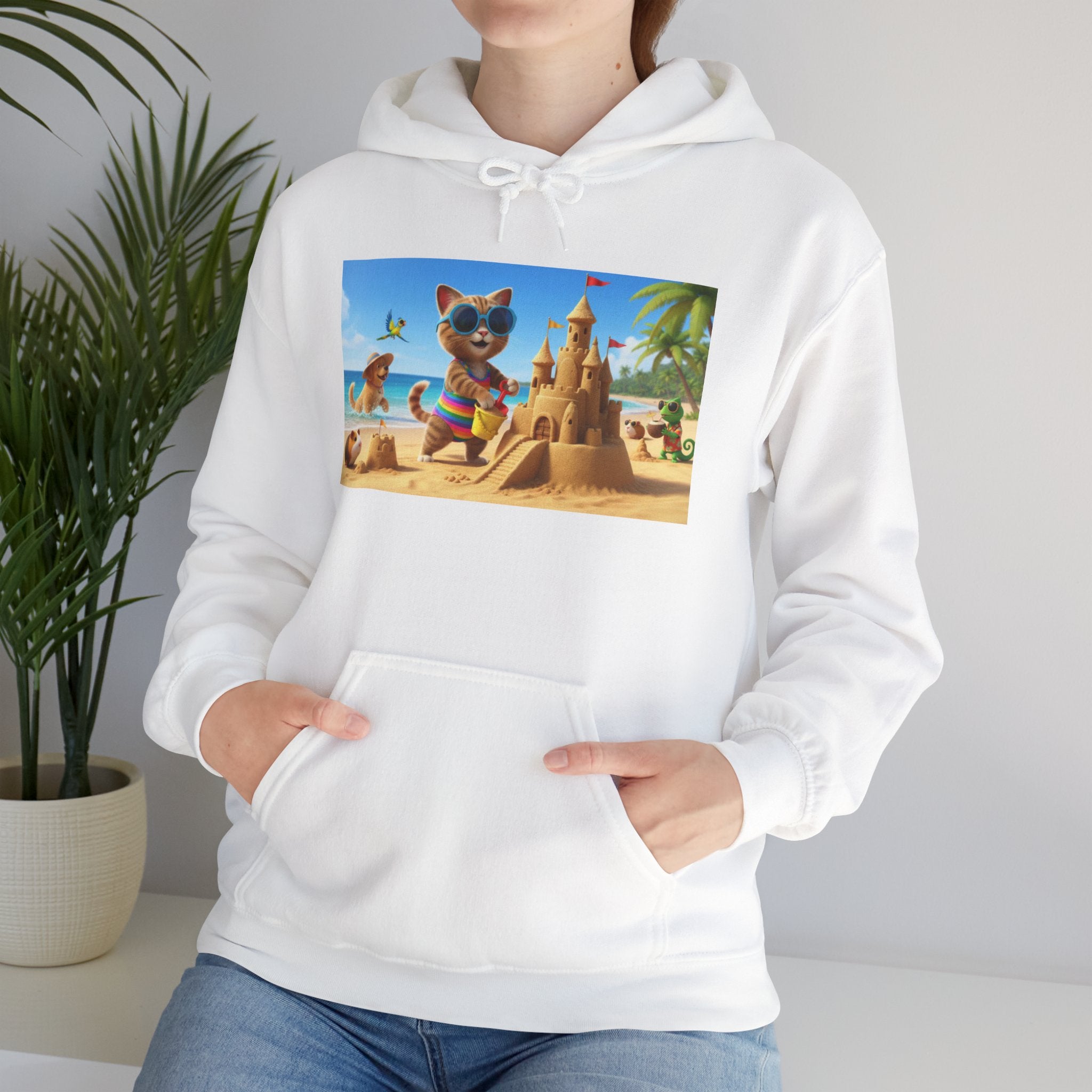 Beach Cat Sandcastle Hoodie — Cute Summer Cat Graphic Sweatshirt