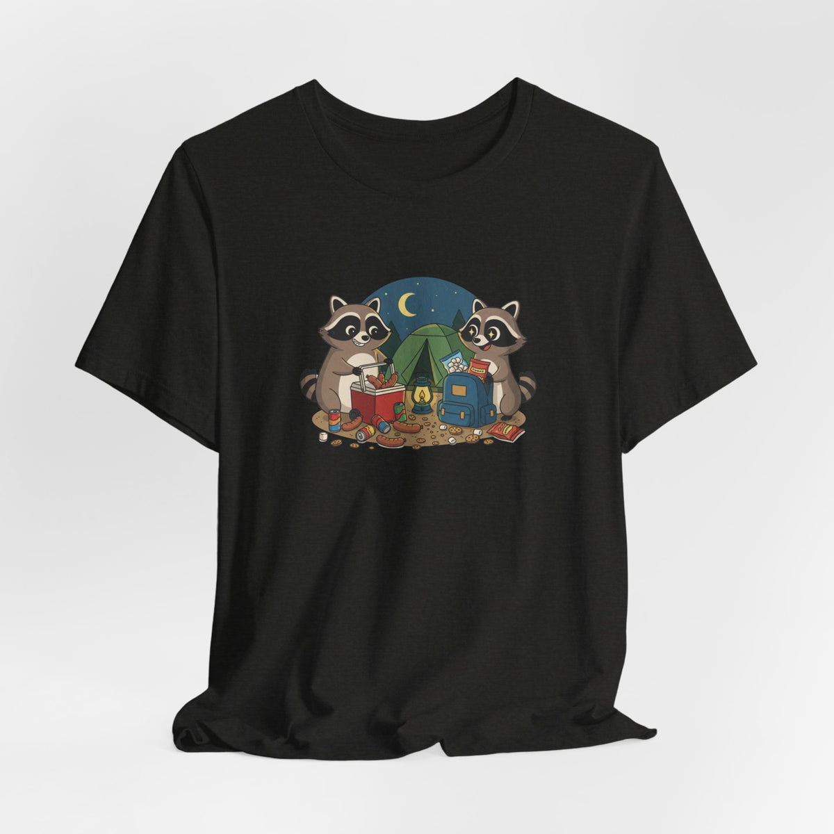Camping Raccoons Graphic Tee – Cute Nighttime Tent & Marshmallow Illustration