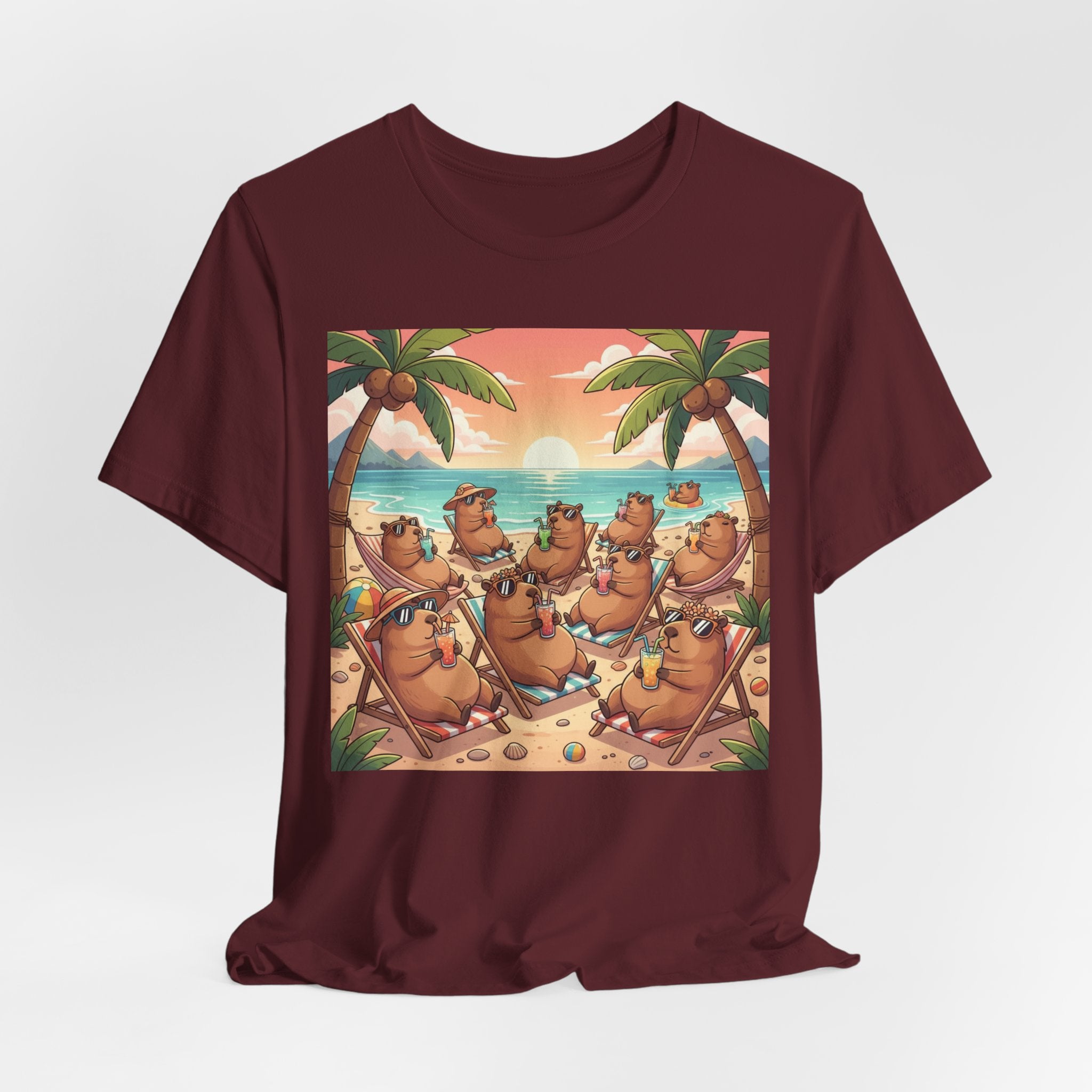 Capybaras on the Beach T-Shirt — Cute Sunset Palm Beachwear