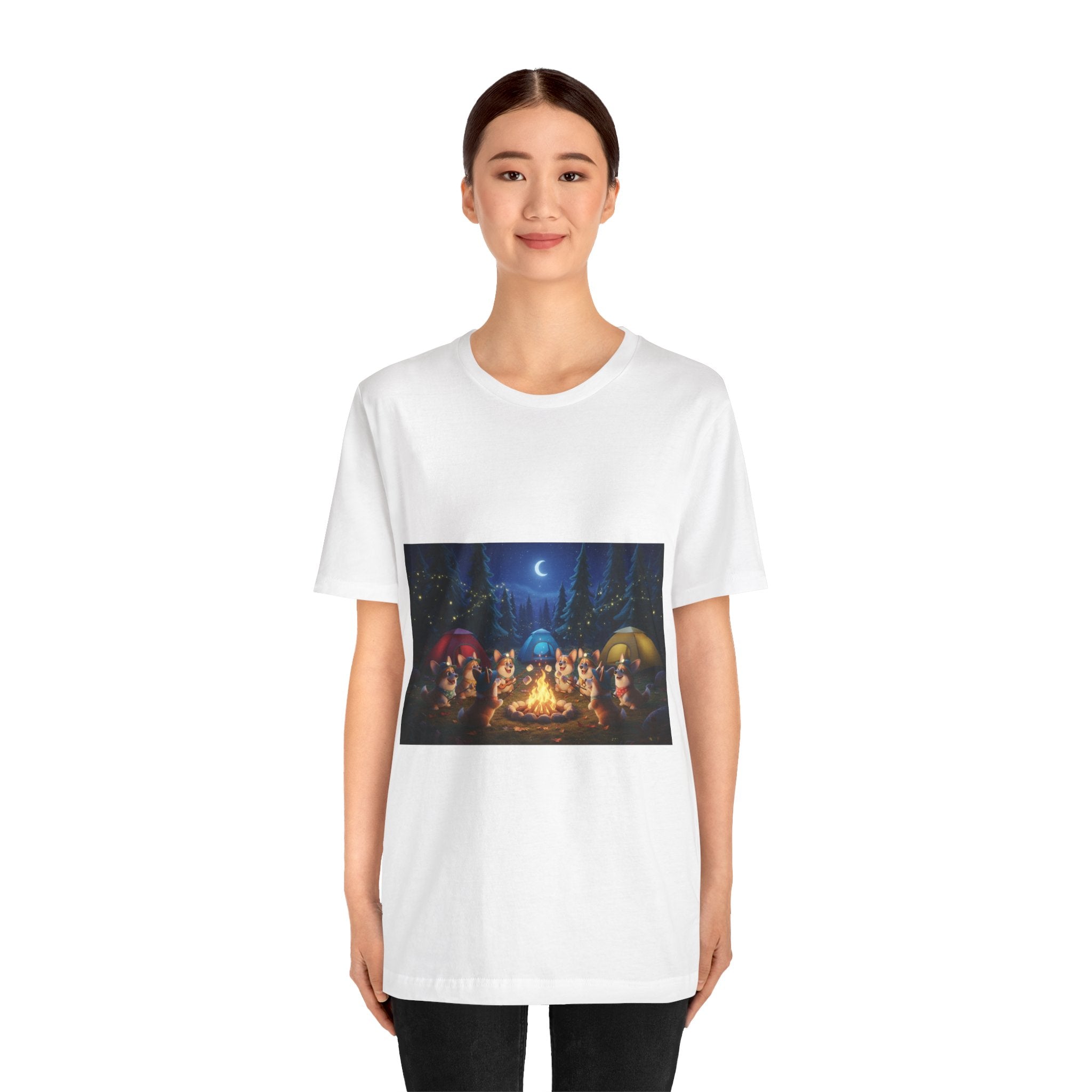 Camping Corgis Graphic Tee — Nighttime Campfire Scene with Tents and Stars