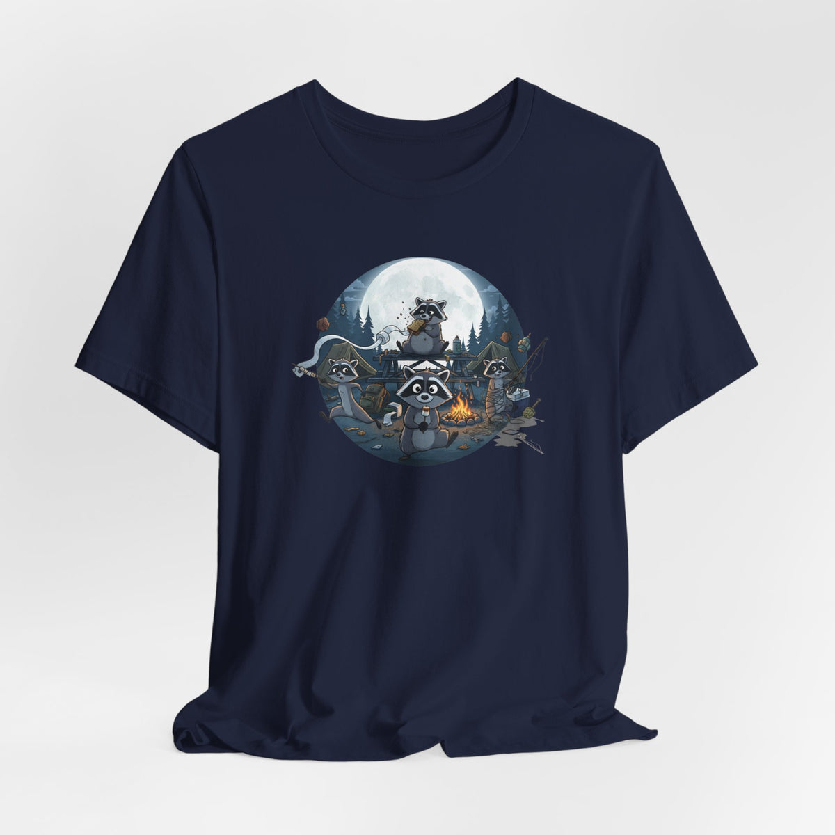 Moonlit Raccoon Camp Raiders Tee — Night Adventure Wildlife T-Shirt