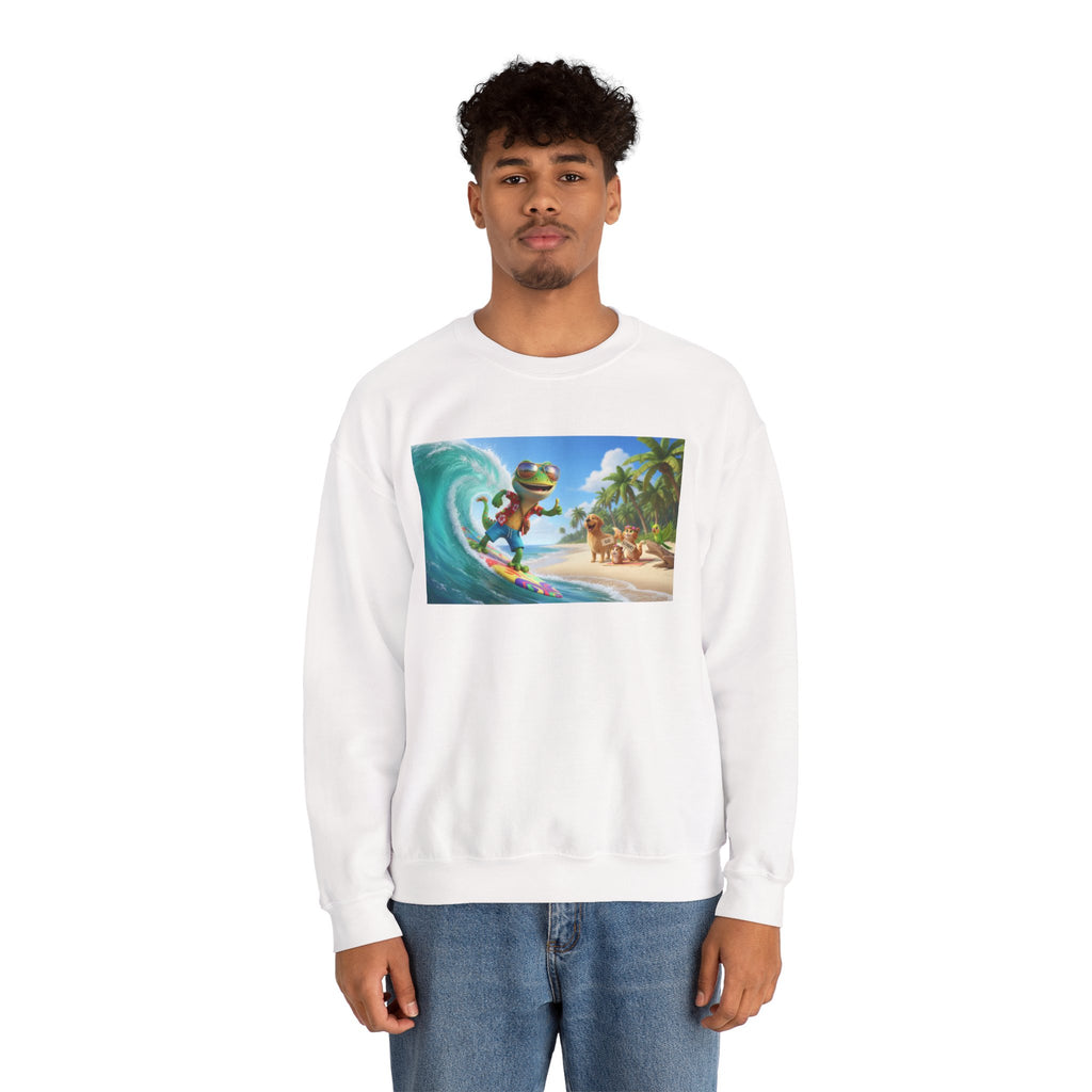 Lizard Surfing Crewneck Sweatshirt — Tropical Beach Surf Graphic