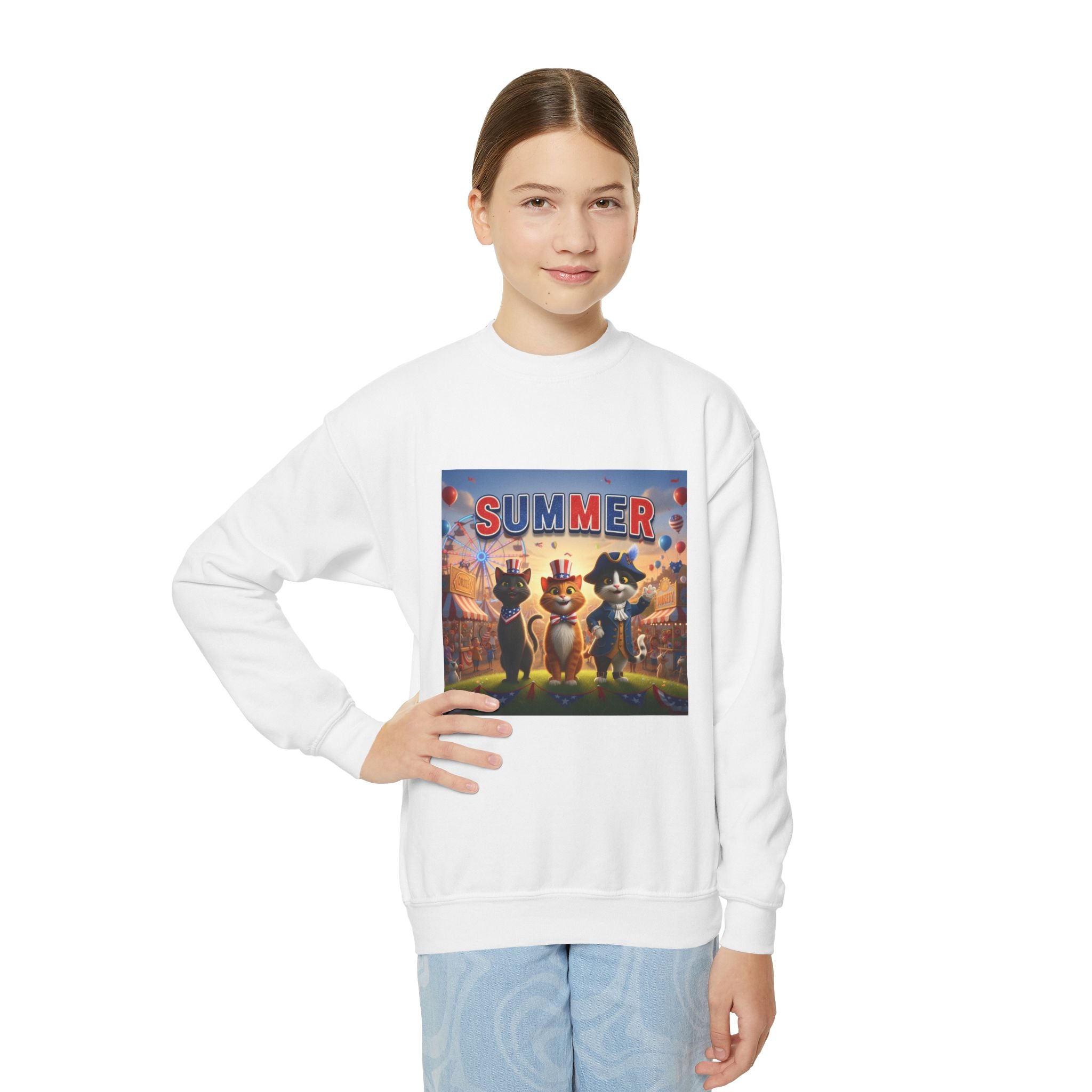 Kitties Youth Crewneck Sweatshirt – Retro 'Summer' Cartoon Kitty Graphic