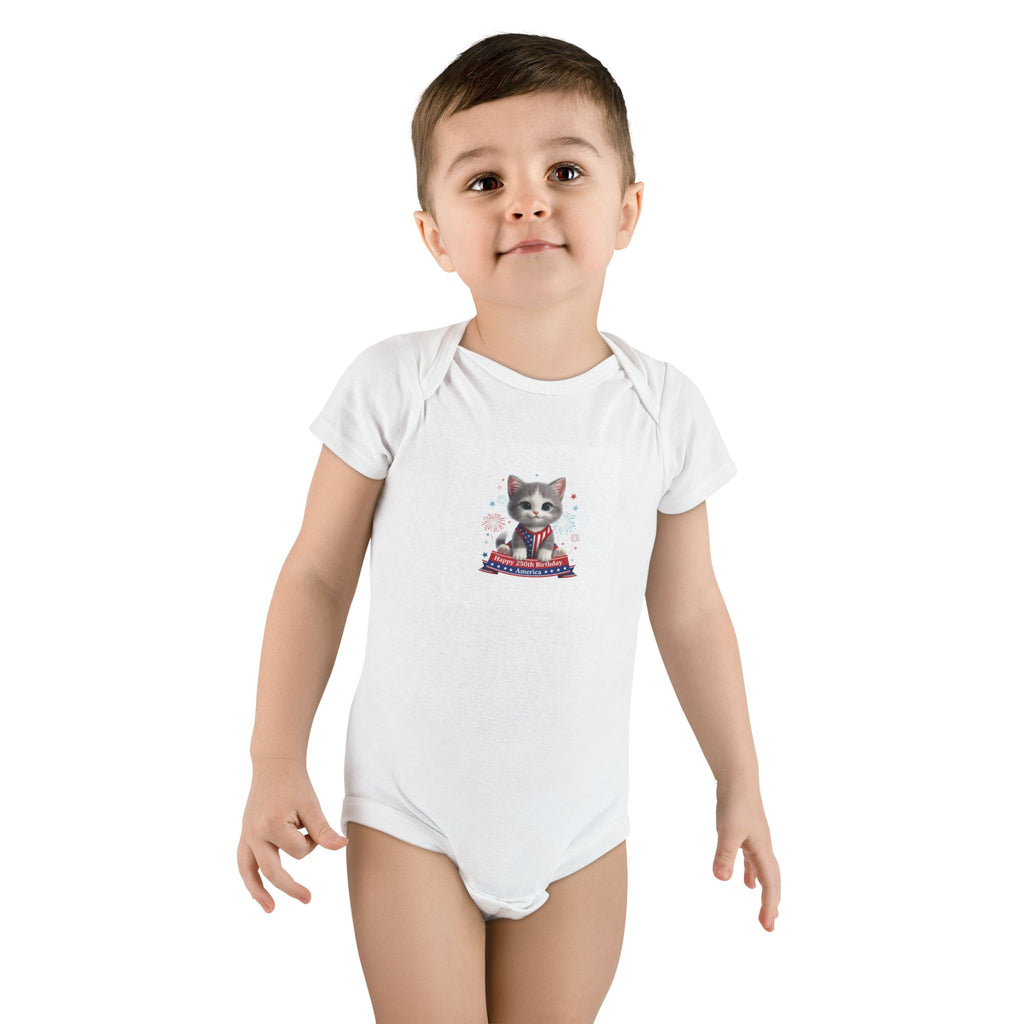 Kitten Baby Onesie – Cute Kitten with Happy 250th Birthday America Infant Short Sleeve Bodysuit