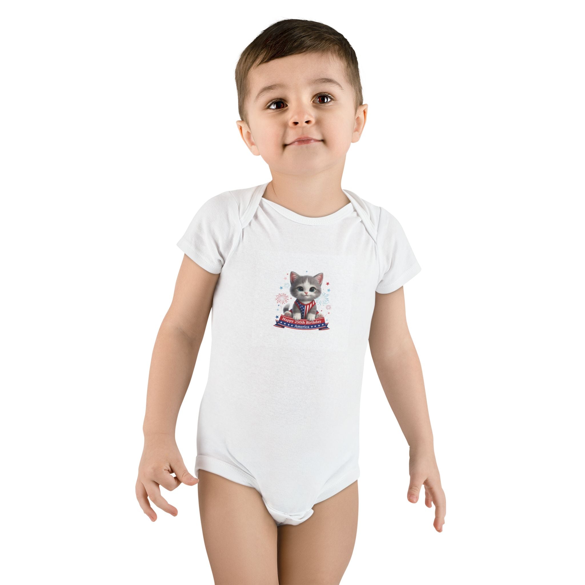 Kitten Baby Onesie – Cute Kitten with Happy 250th Birthday America Infant Short Sleeve Bodysuit