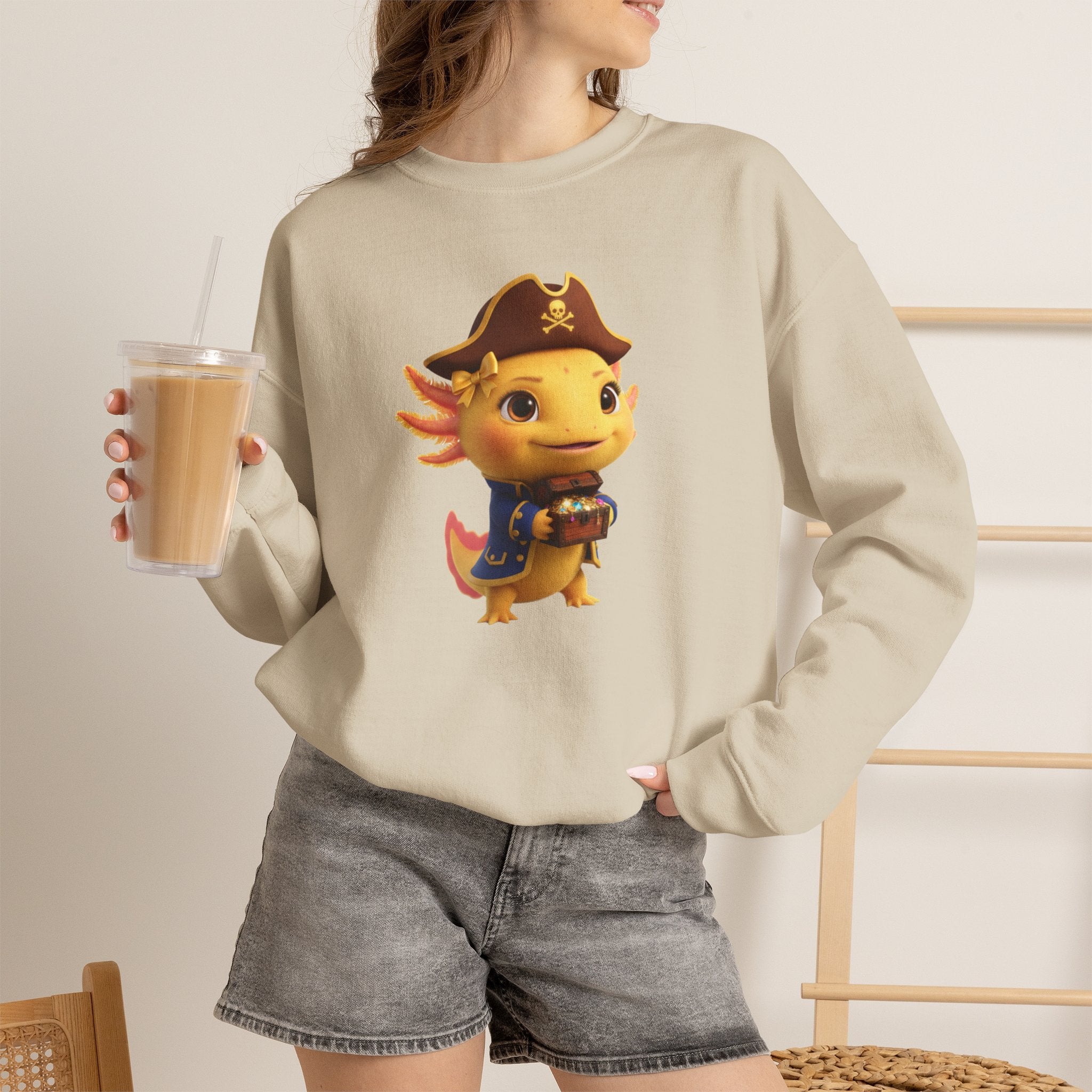 Axolotl Pirate Girl Crewneck Sweatshirt — Cute Pirate Axolotl Graphic