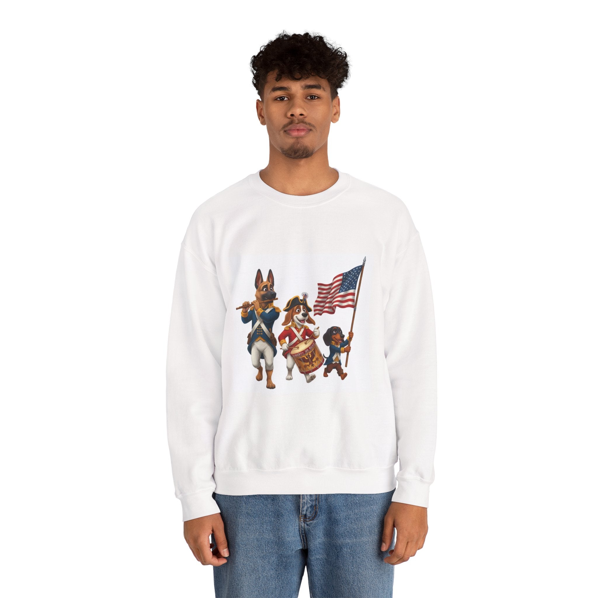 Patriotic Dogs March Crewneck Sweatshirt — Flag-Bearing Drummer & Fifer Design