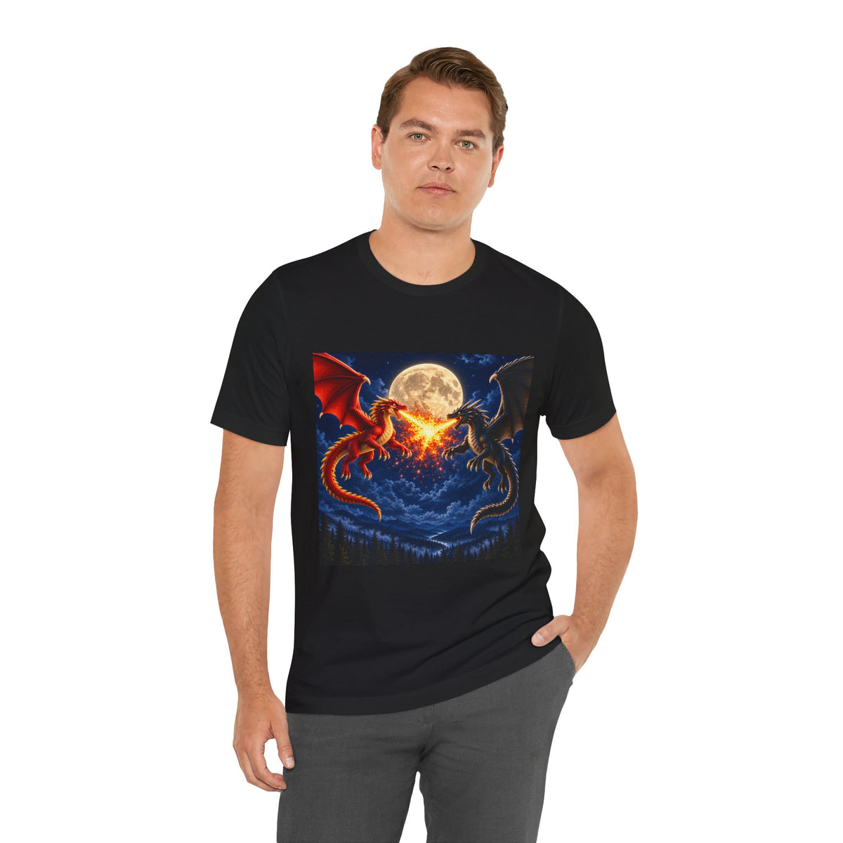 Dragon Duel Graphic Tee — Red vs Black Dragons Under Full Moon