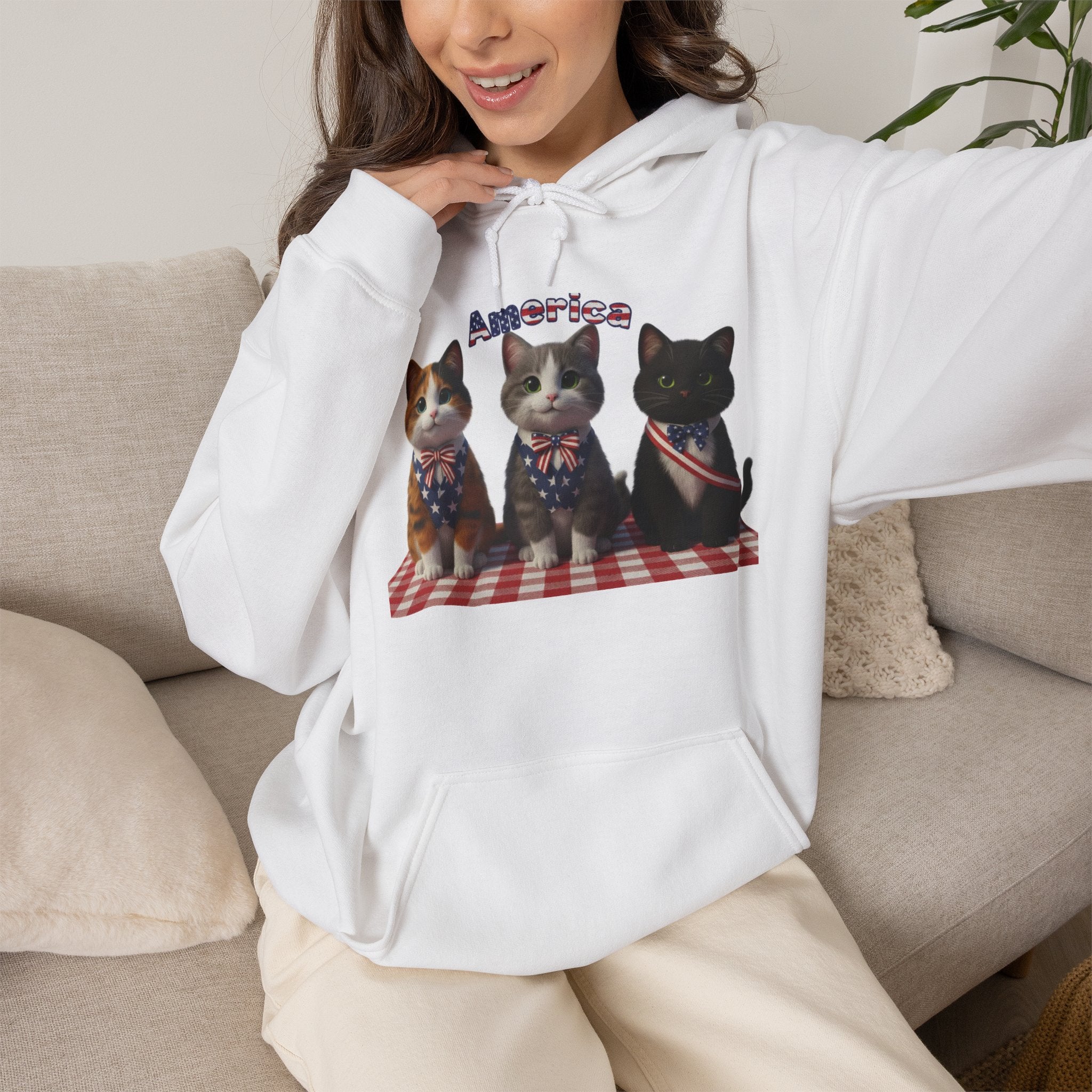 Patriotic Kittens Hoodie — 'America' Trio on Picnic Blanket