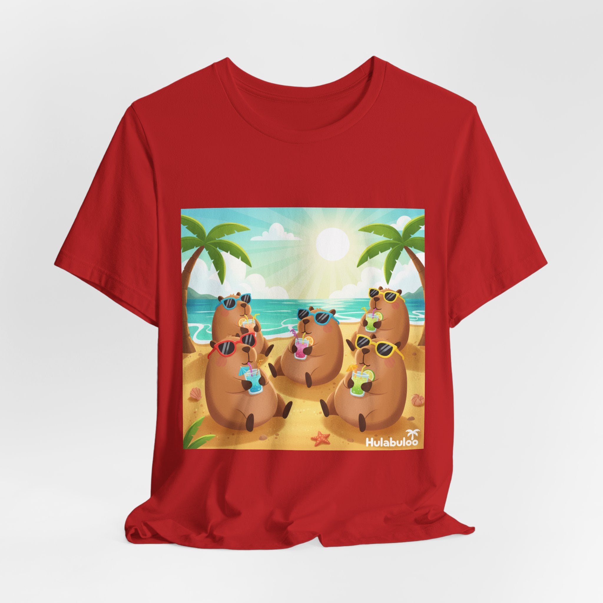 Capybara at the Beach Crew T‑Shirt — Cute Capybaras Sipping Cocktails Summer Tee
