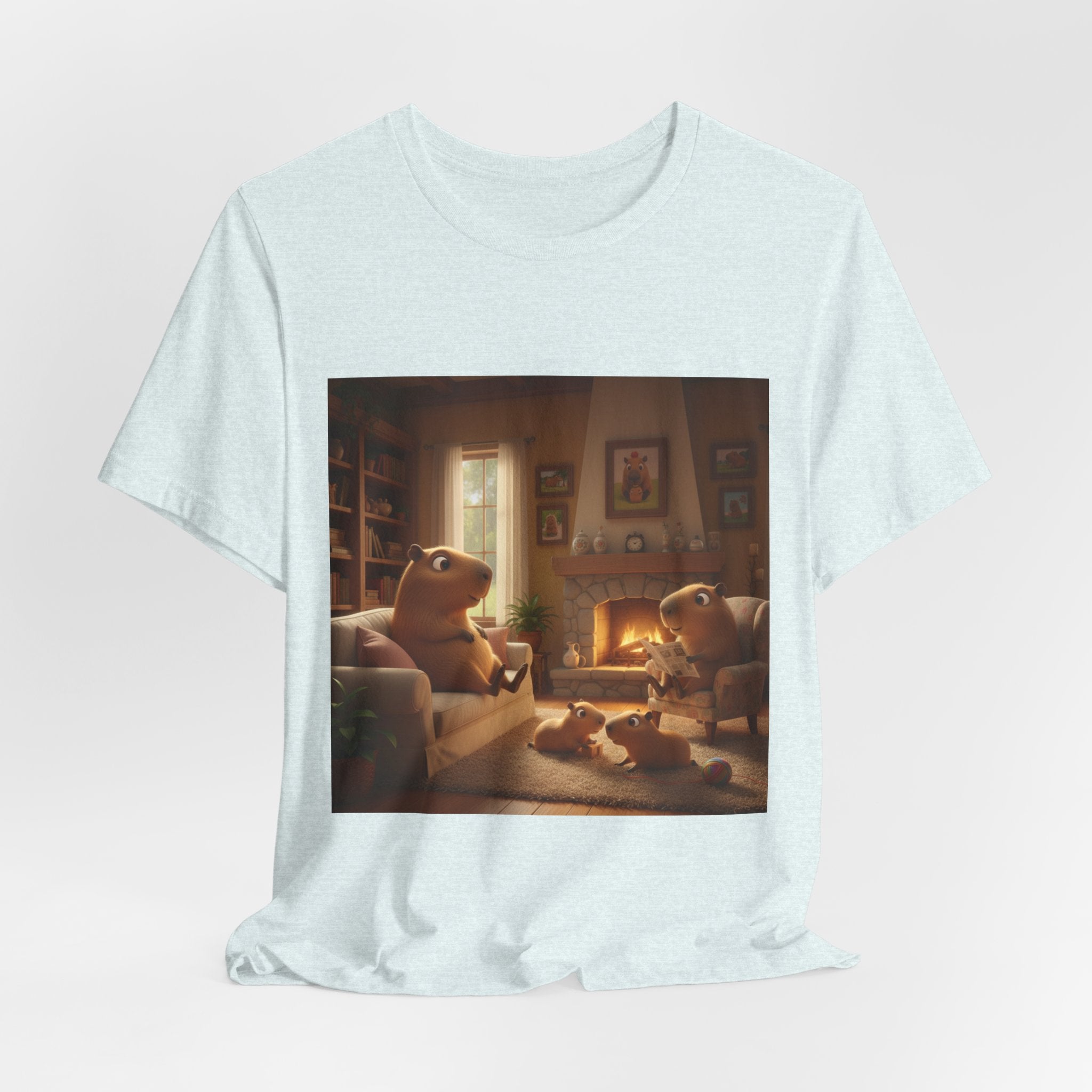 Capybara Family T‑Shirt — Warm Fireplace Family Home Scene Tee