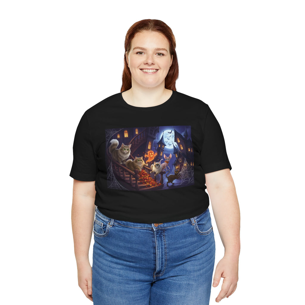Cats Halloween Ghost & Cats Tee — Trick-or-Treat Night Graphic T-Shirt