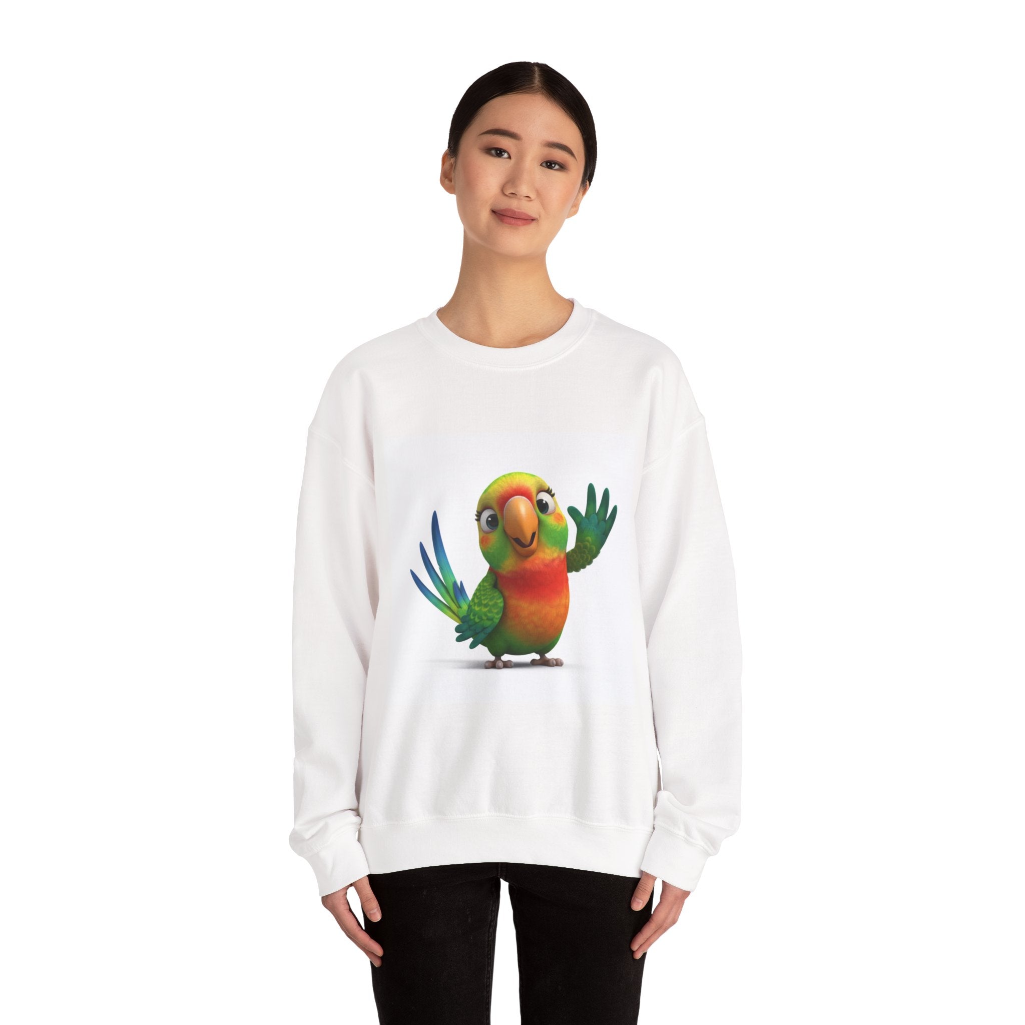 Cute Cartoon Parrot Sweatshirt – Colorful Tropical Bird Crewneck