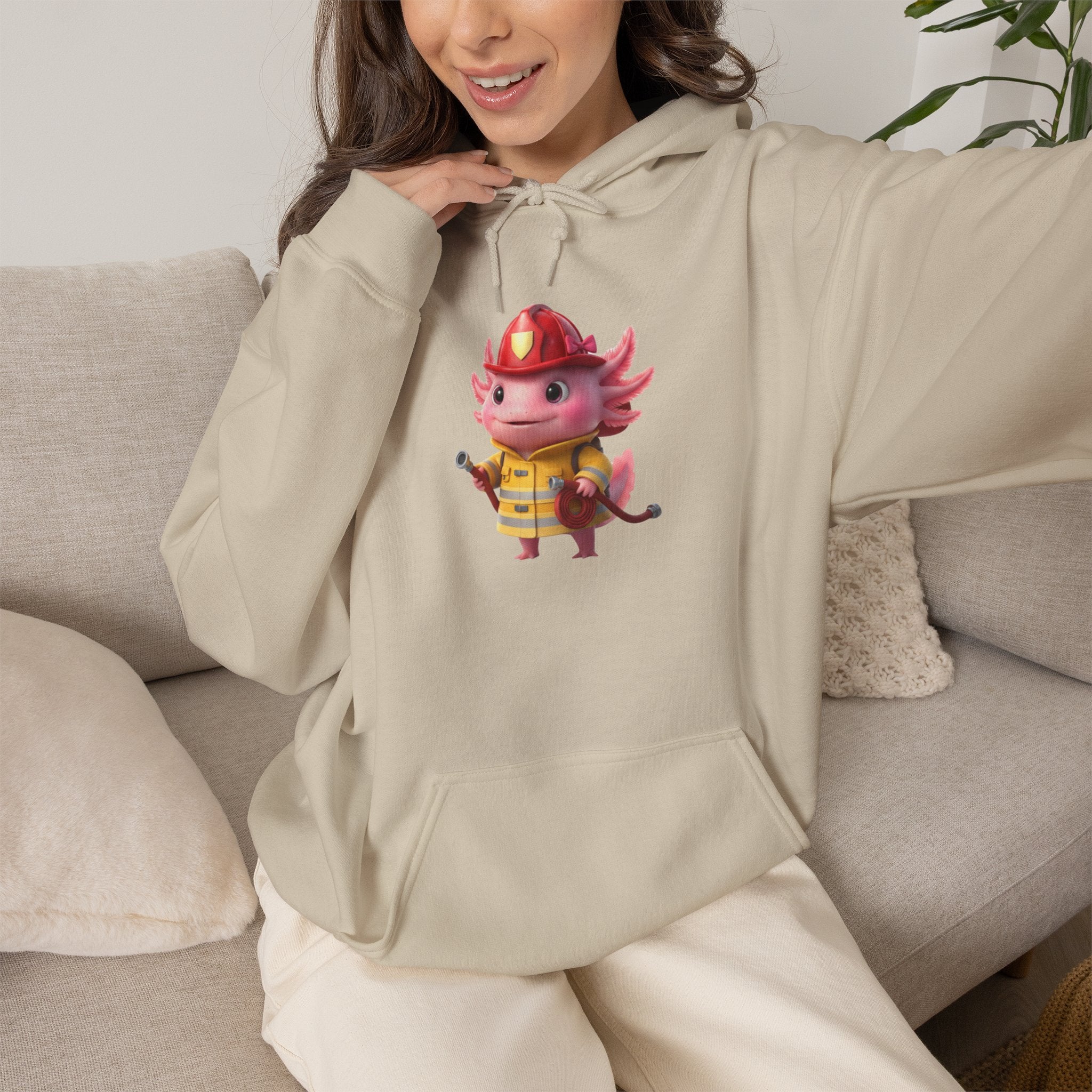 Axolotl Firefighter Girl Hoodie — Cute Rescue Crew Sweatshirt