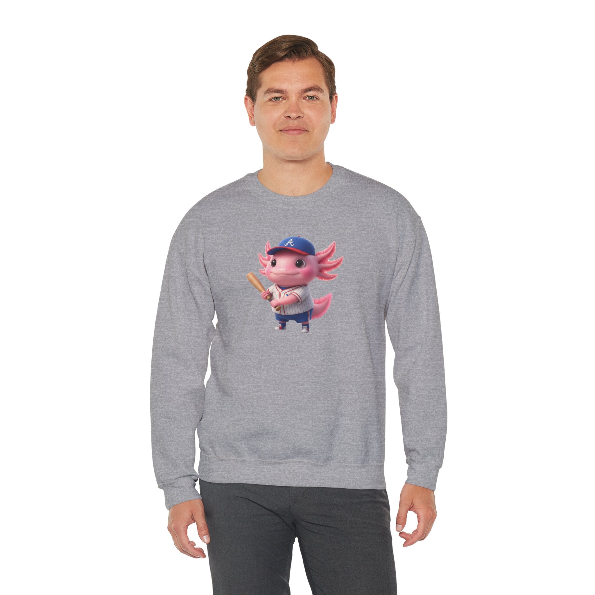 Axolotl Baseball Boy Crewneck Sweatshirt — Cute Axolotl Baseball Player Graphic