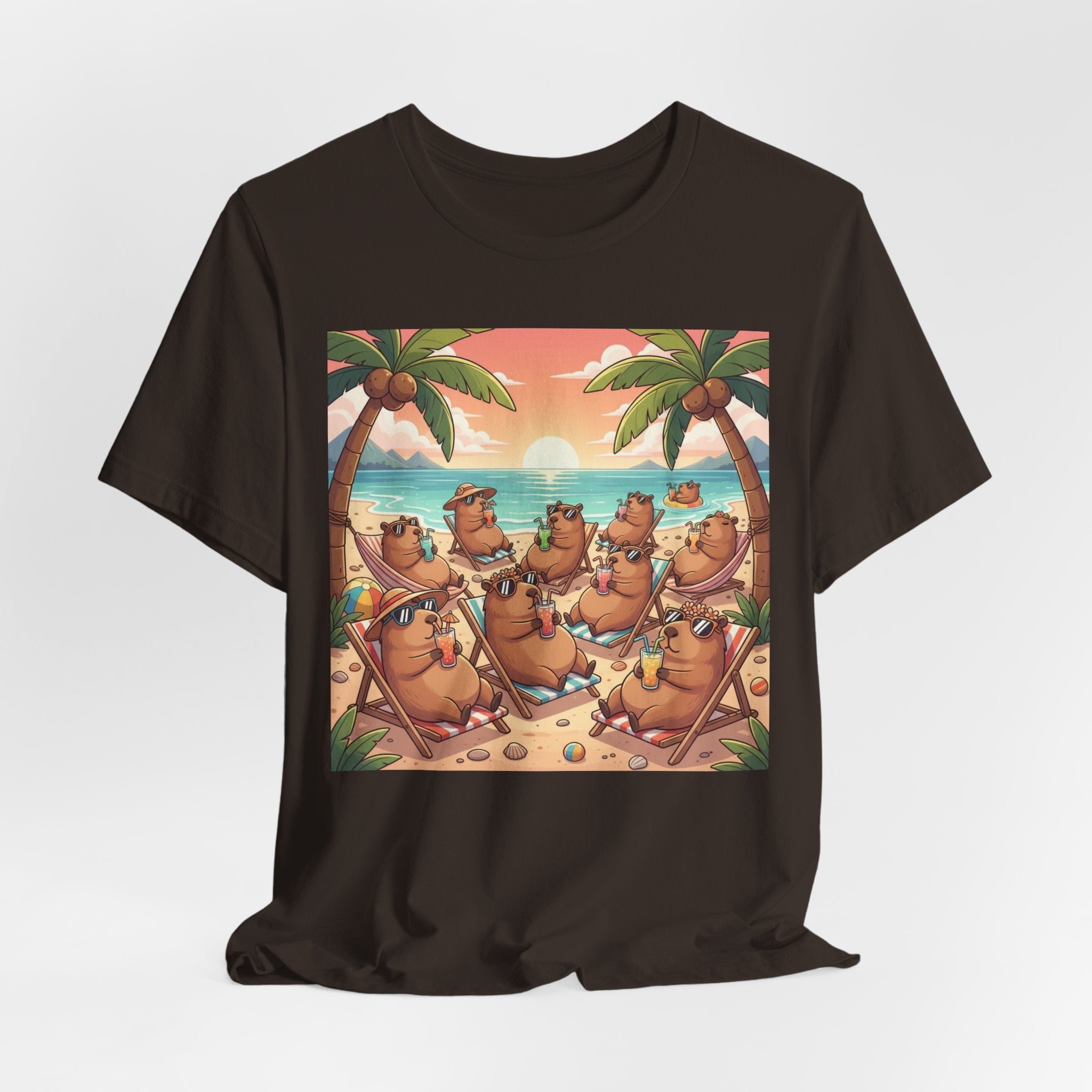 Capybaras on the Beach T-Shirt — Cute Sunset Palm Beachwear