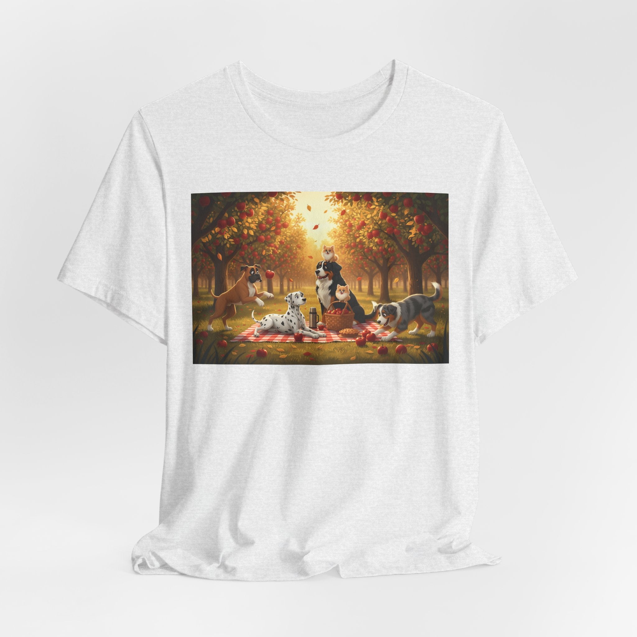 Dogs Autumn Picnic T‑Shirt — Cozy Fall Forest Canine Scene