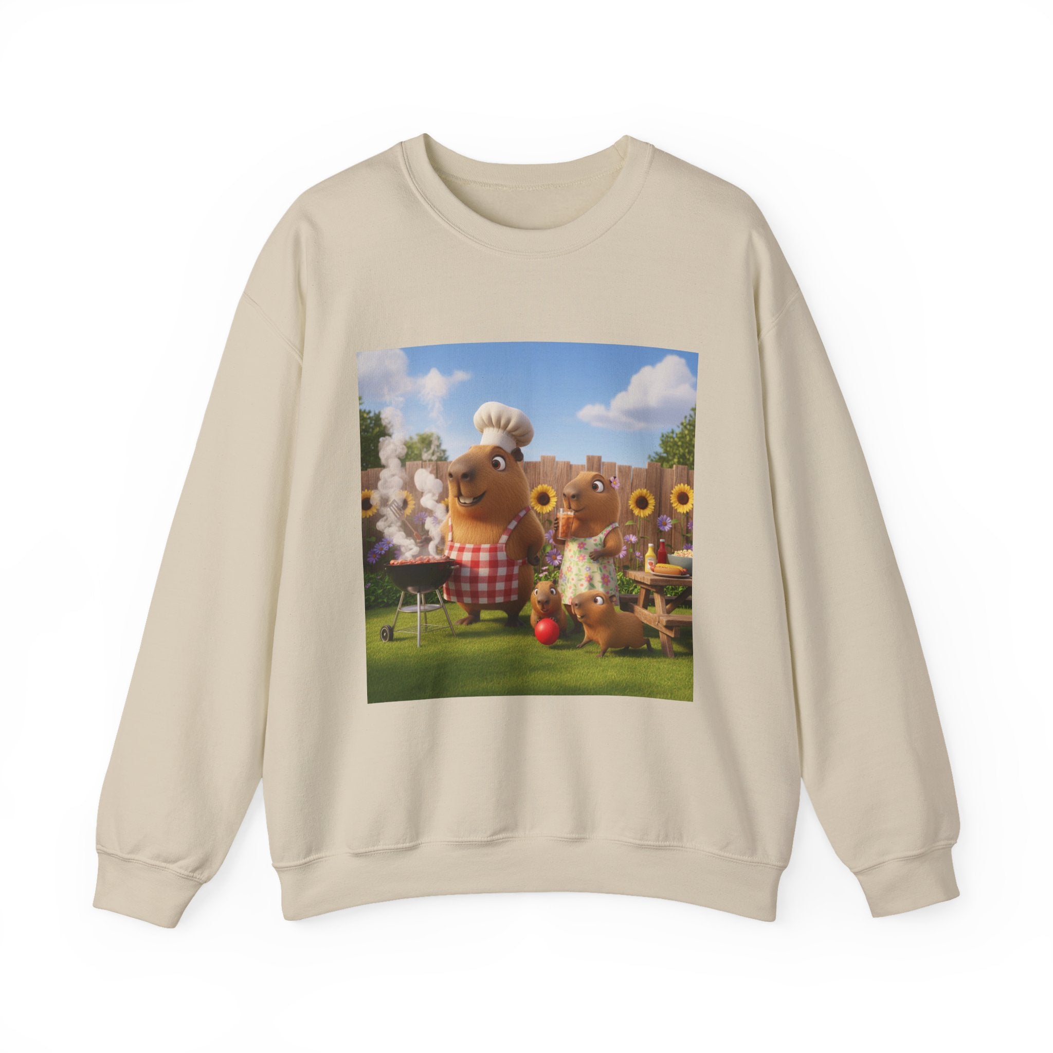 Capybara BBQ Crewneck Sweatshirt — Whimsical Capybara Family Illustration