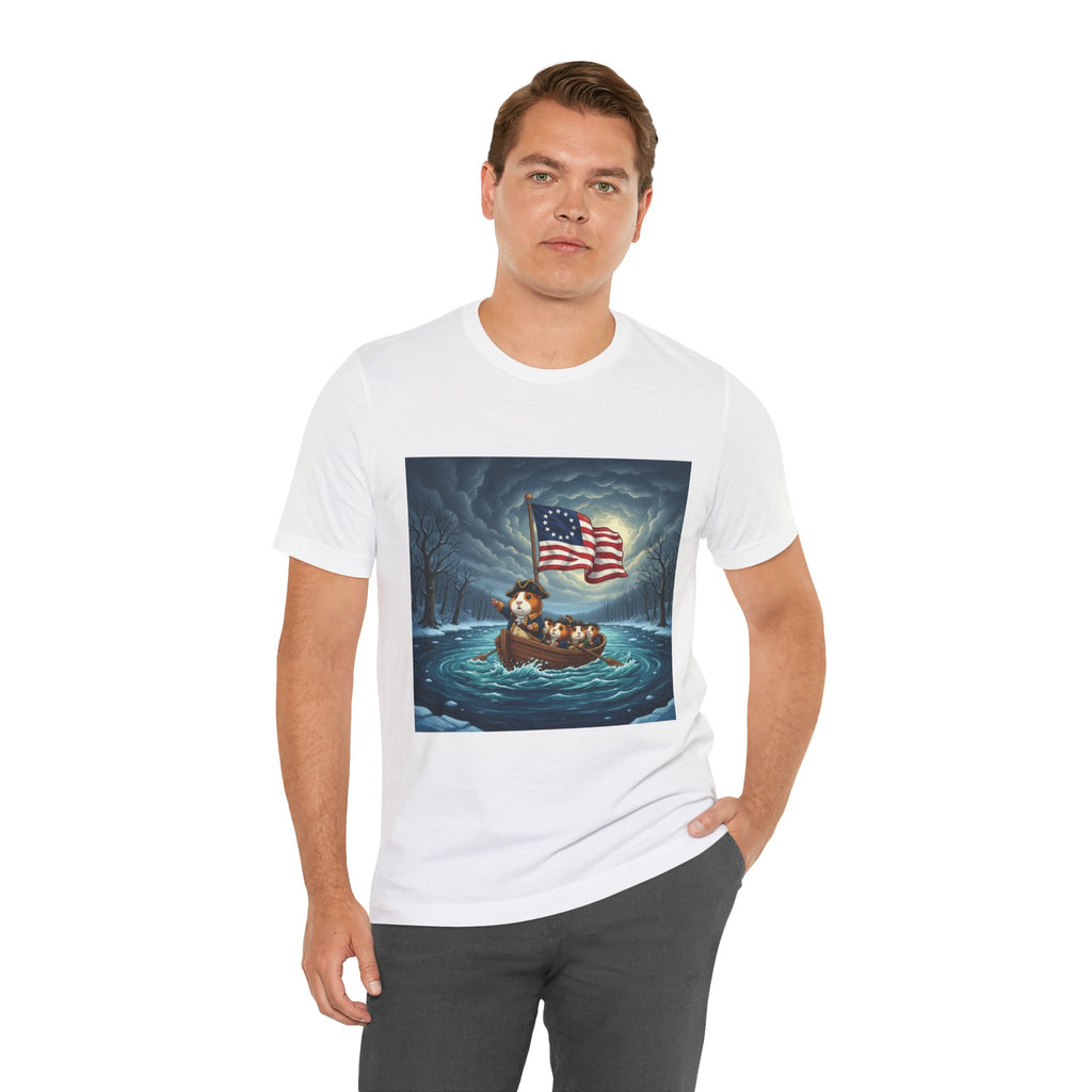 T-Shirt — Patriotic Boat Scene with Vintage American Flag