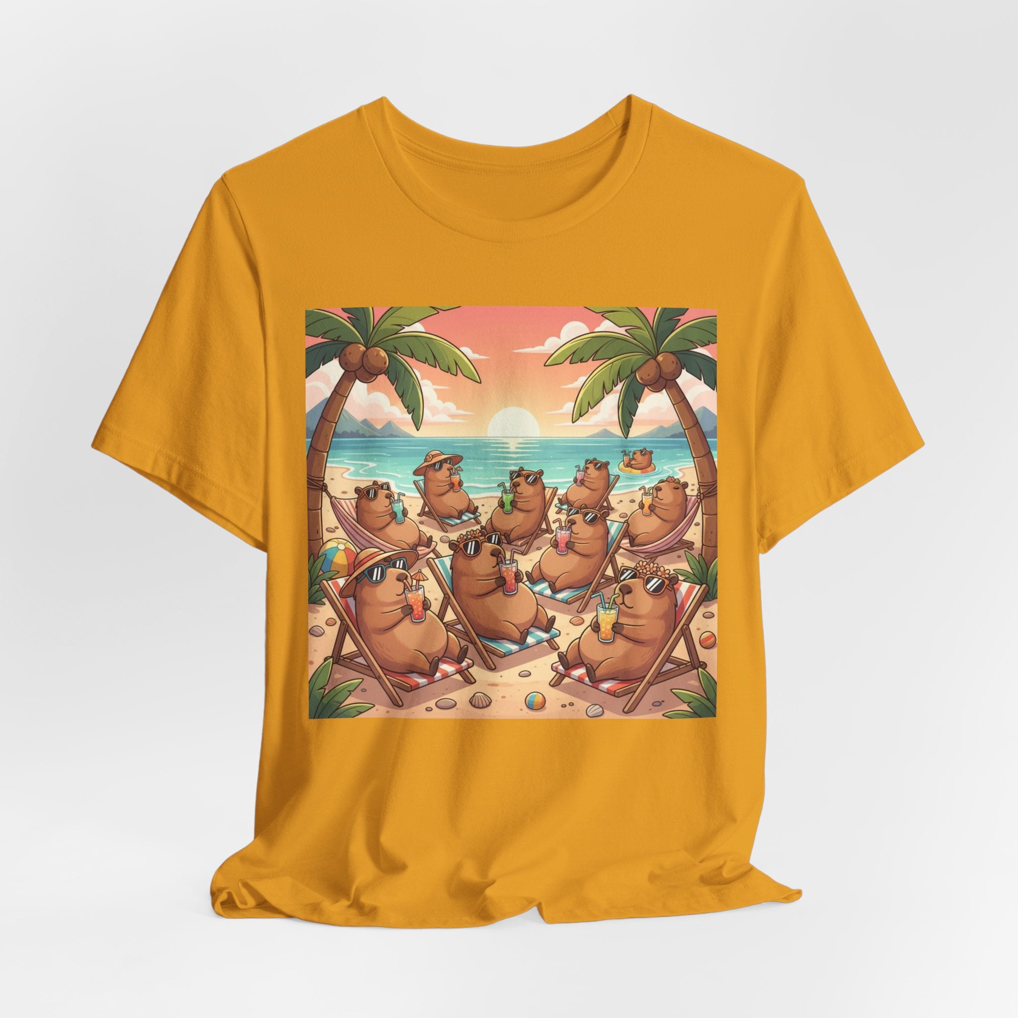 Capybaras on the Beach T-Shirt — Cute Sunset Palm Beachwear