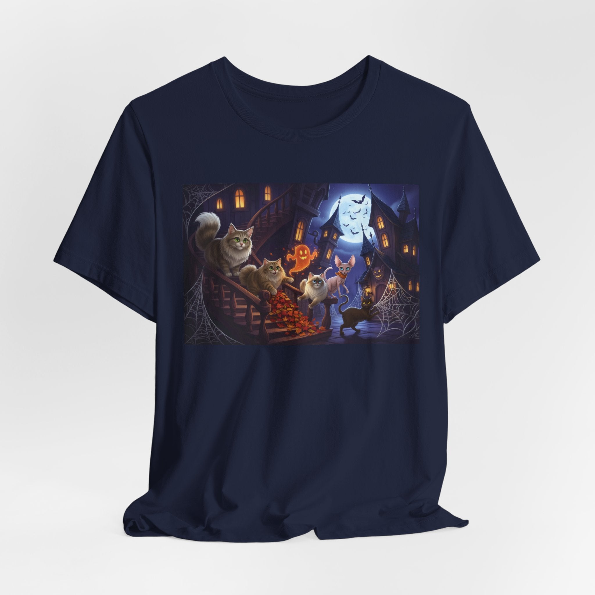 Cats Halloween Ghost & Cats Tee — Trick-or-Treat Night Graphic T-Shirt
