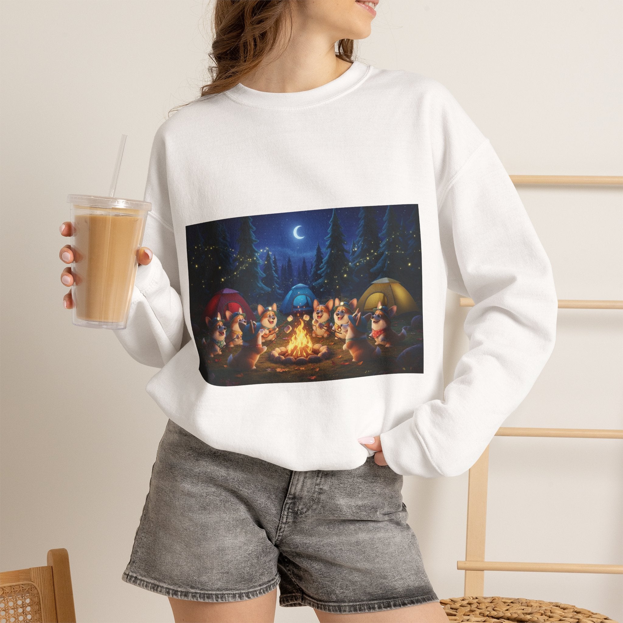 Camping Corgis Campfire Crewneck Sweatshirt – Night Forest Tents & Cozy Friends Design