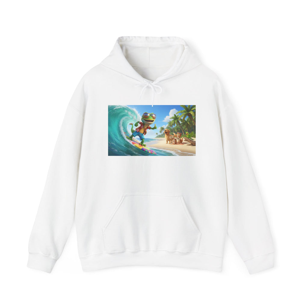 Lizard Surfing Hoodie - Tropical Beach Cartoon Pullover