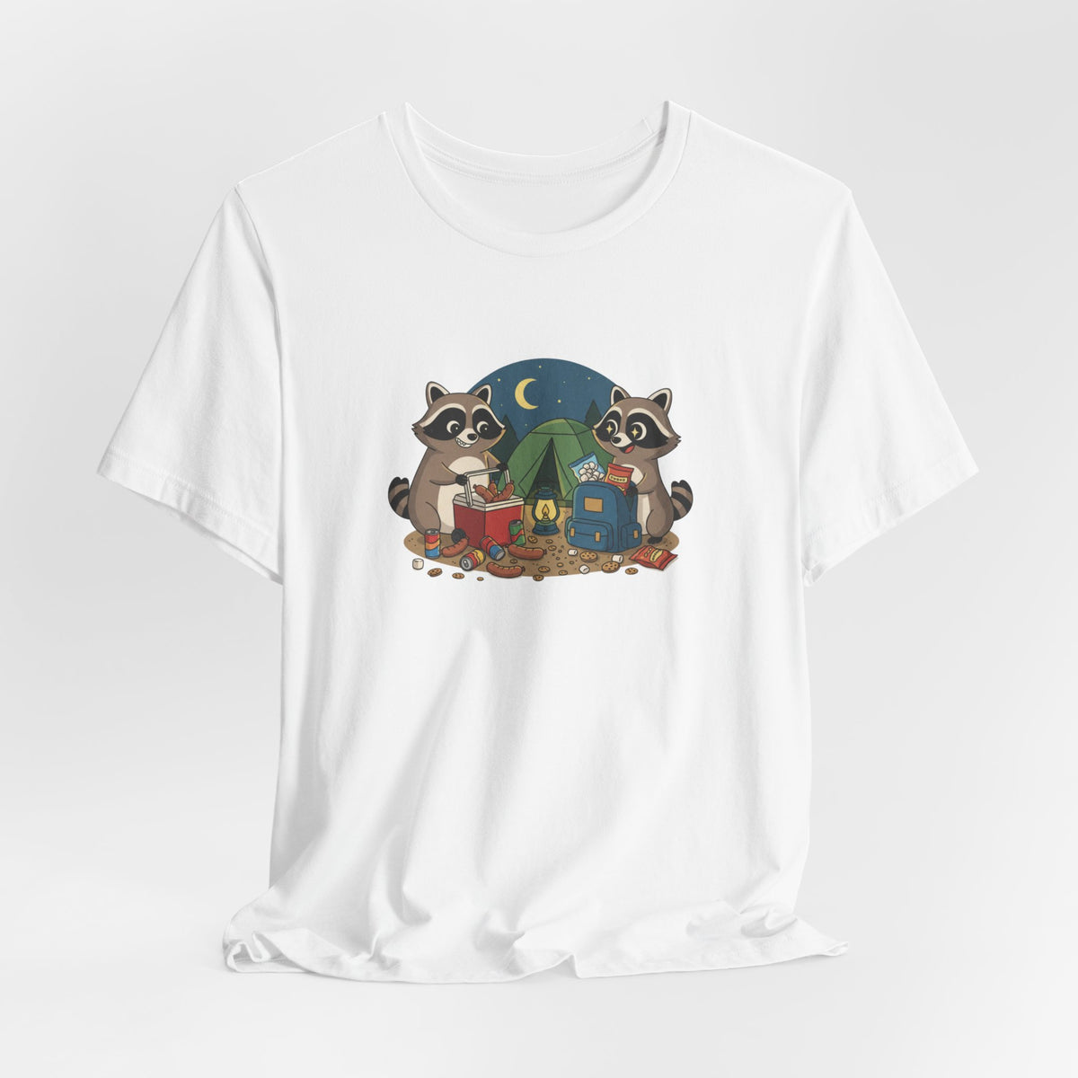 Camping Raccoons Graphic Tee – Cute Nighttime Tent & Marshmallow Illustration