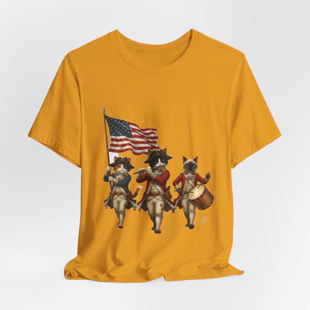 Patriotic Cats Playing Fife & Drum T-Shirt — Vintage Americana Fourth of July Tee