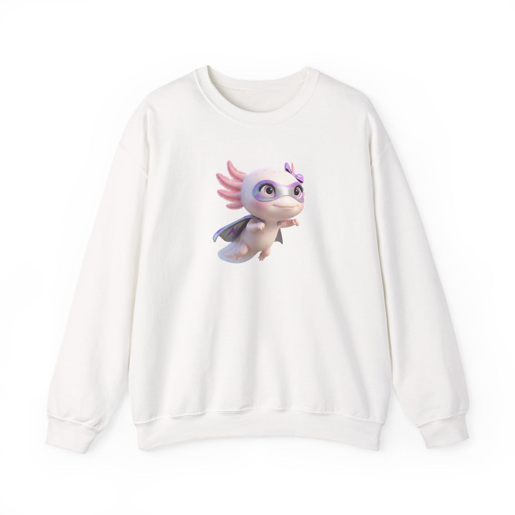 Axolotl Superhero Girl Flying Crewneck Sweatshirt — Cute Pastel Axolotl Design