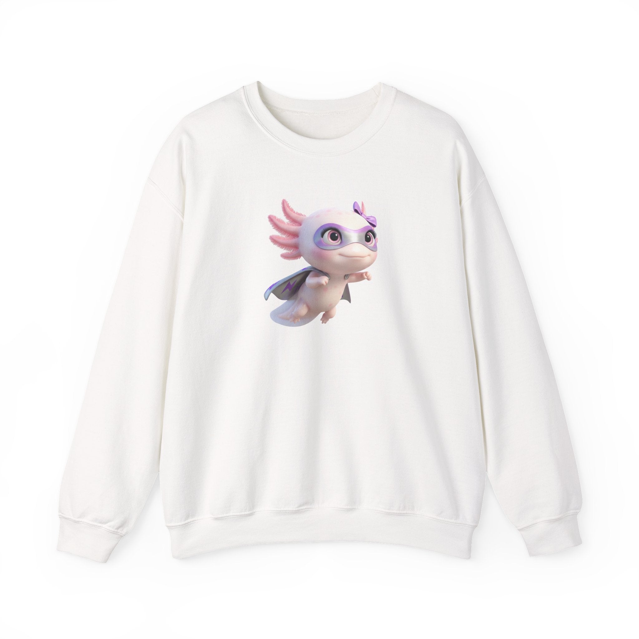 Axolotl Superhero Girl Flying Crewneck Sweatshirt — Cute Pastel Axolotl Design