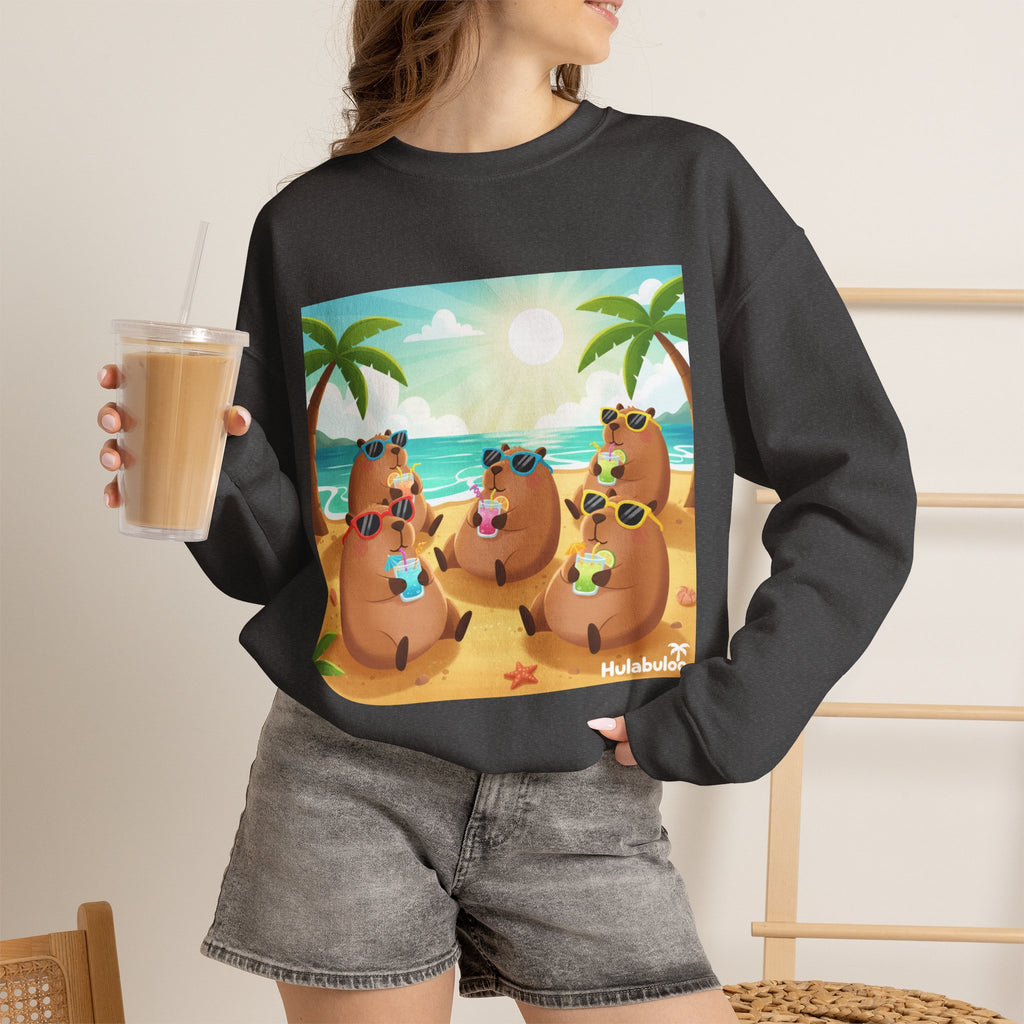 Capybara  Beach Crewneck Sweatshirt — Cute Tropical Capybaras Drinking Cocktails