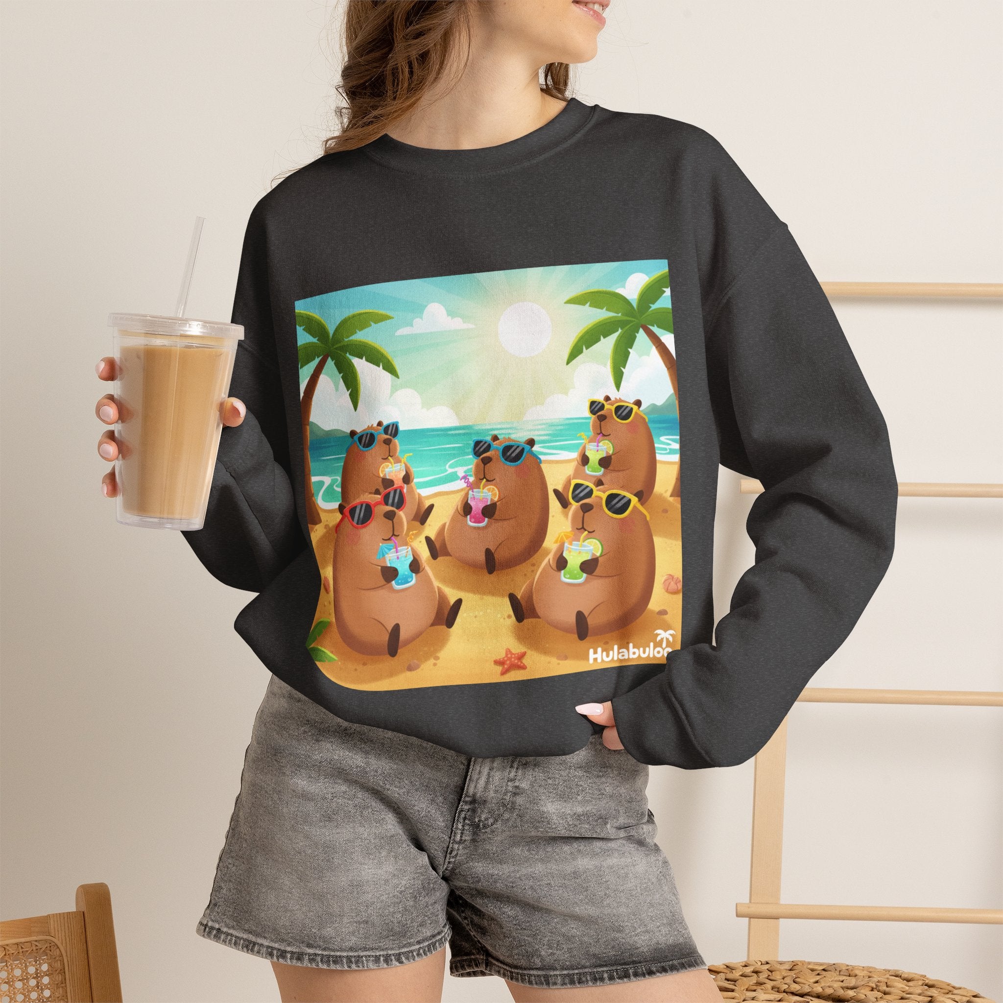 Capybara  Beach Crewneck Sweatshirt — Cute Tropical Capybaras Drinking Cocktails