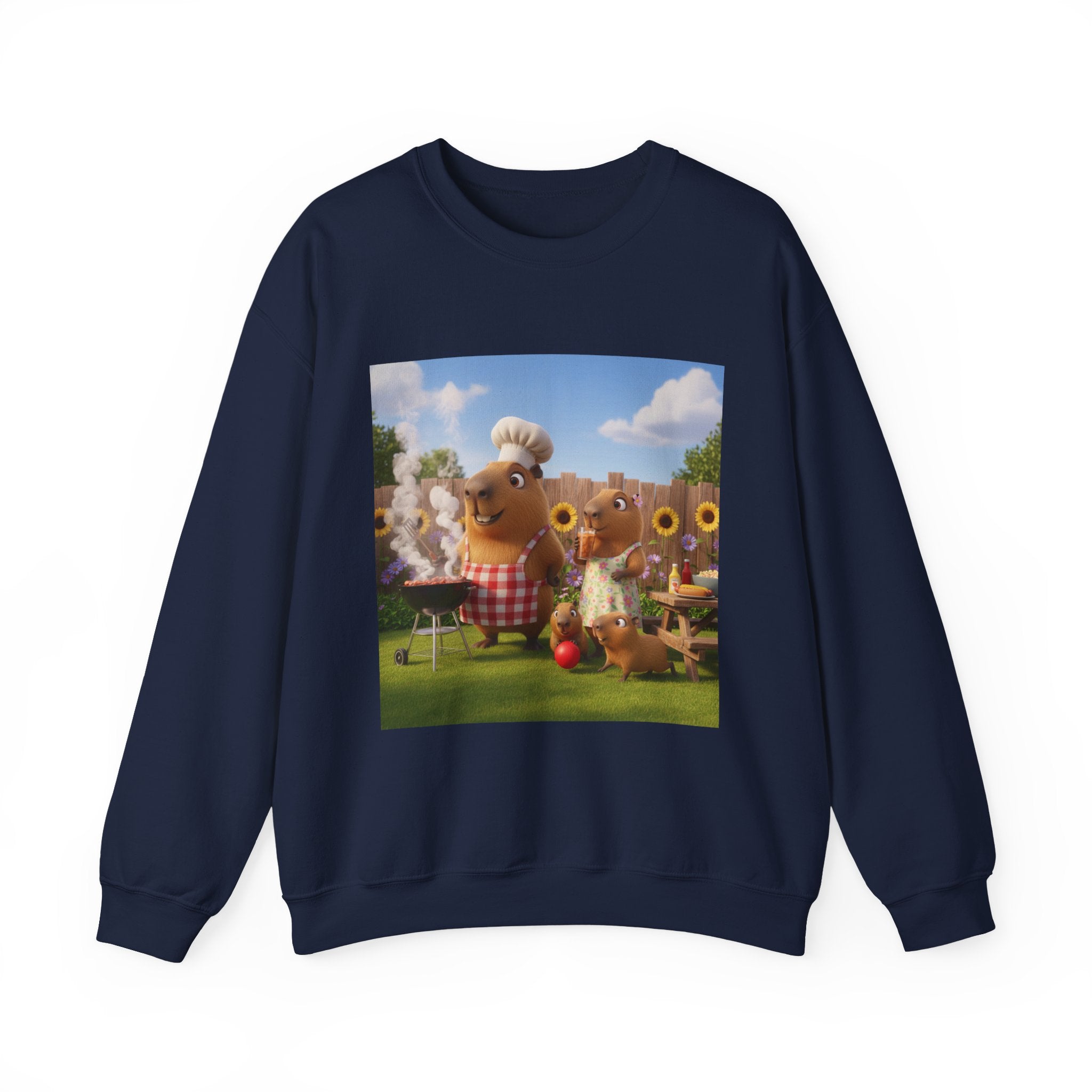 Capybara BBQ Crewneck Sweatshirt — Whimsical Capybara Family Illustration