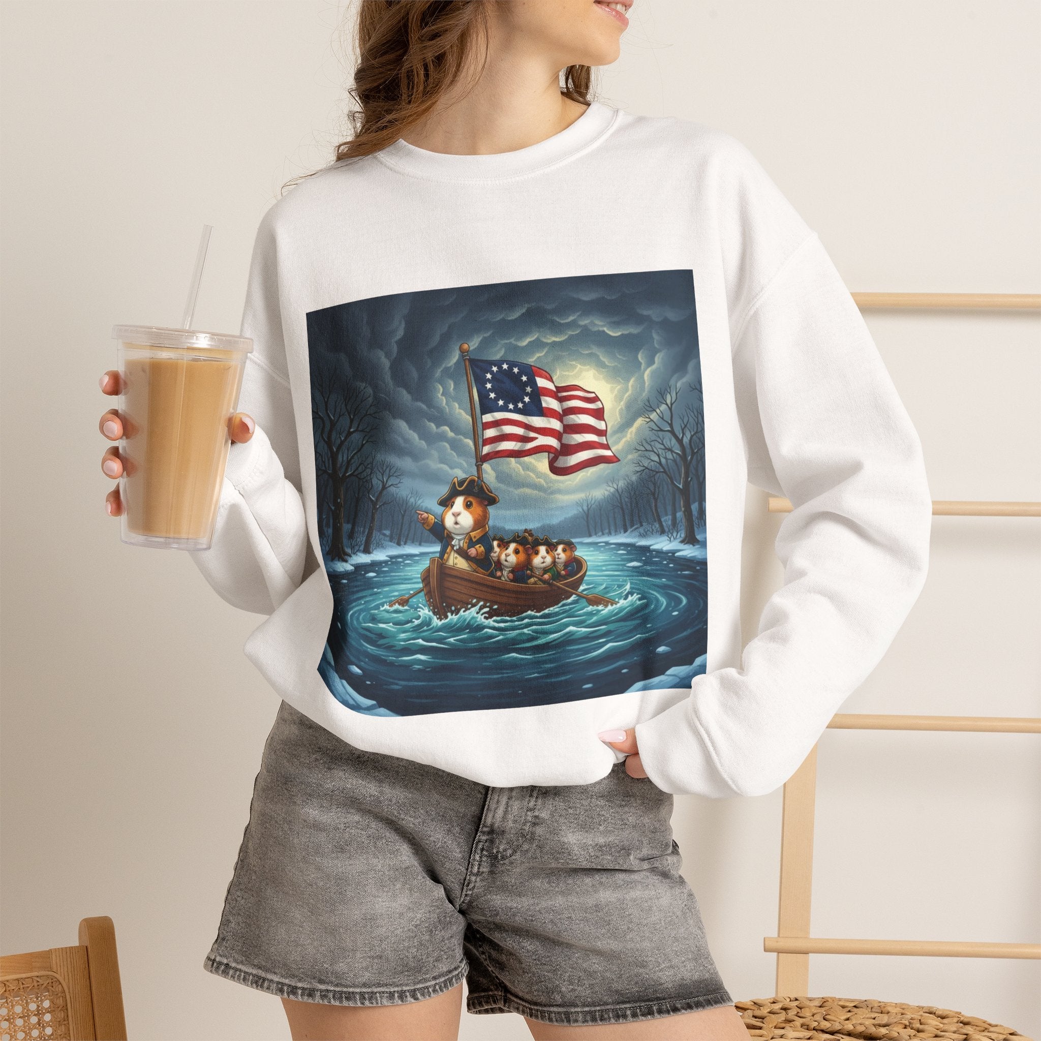 Crewneck Sweatshirt — Patriotic Guinea Pig  Rowing Boat with American Flag Graphic