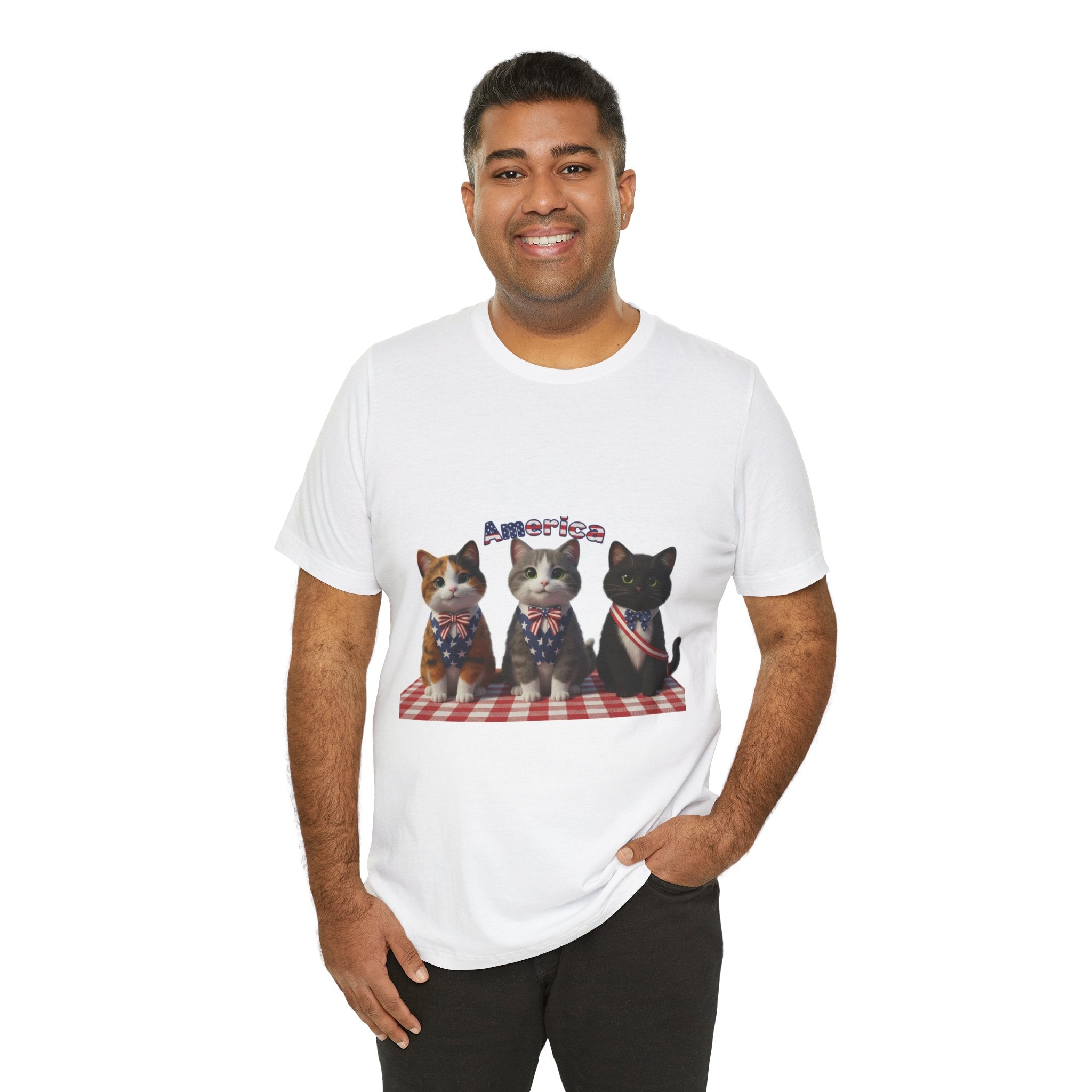 Patriotic Cats T‑Shirt – 'America' Kittens on Picnic Plaid