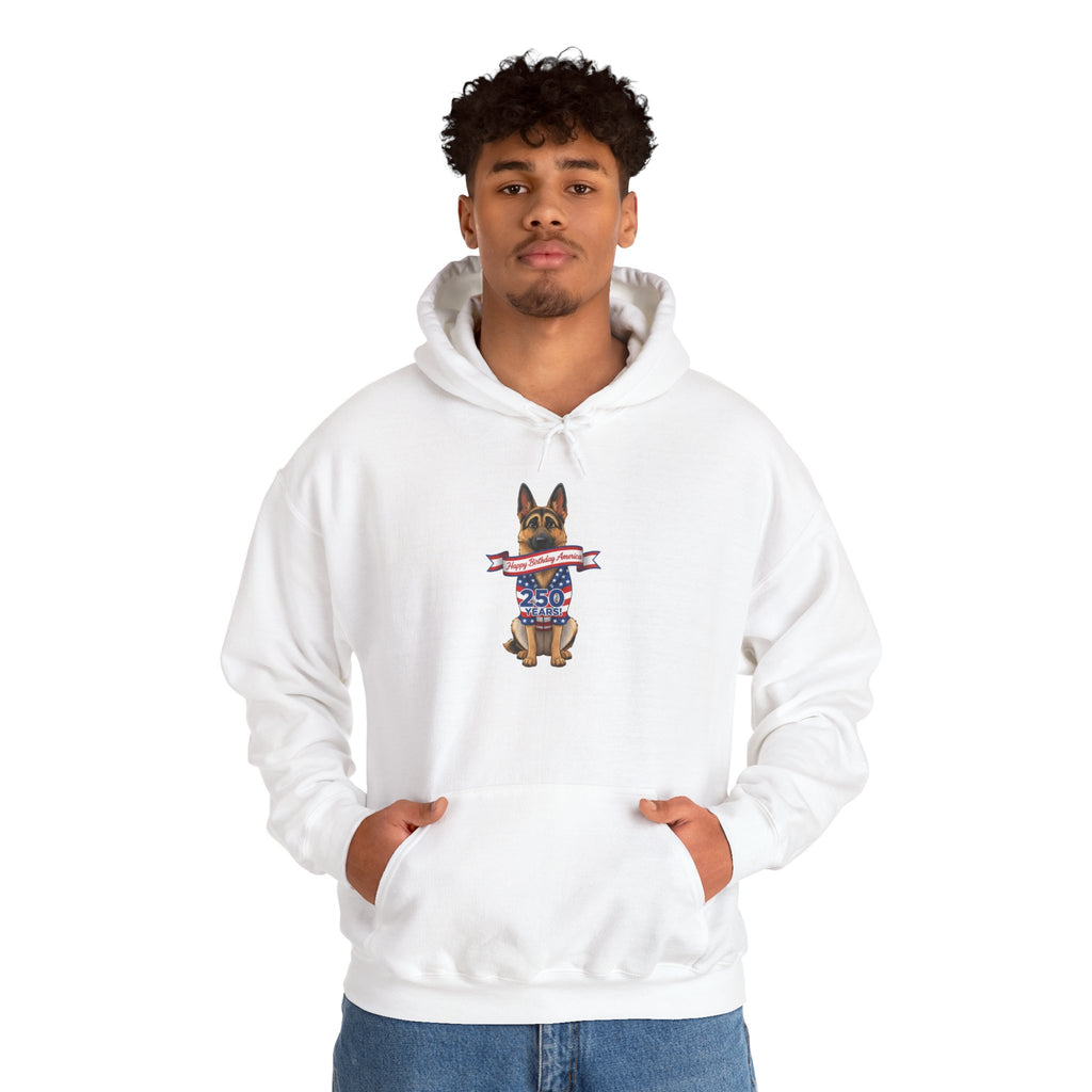 Patriotic German Shepherd Hoodie — USA Flag Dog Holding Banner Graphic
